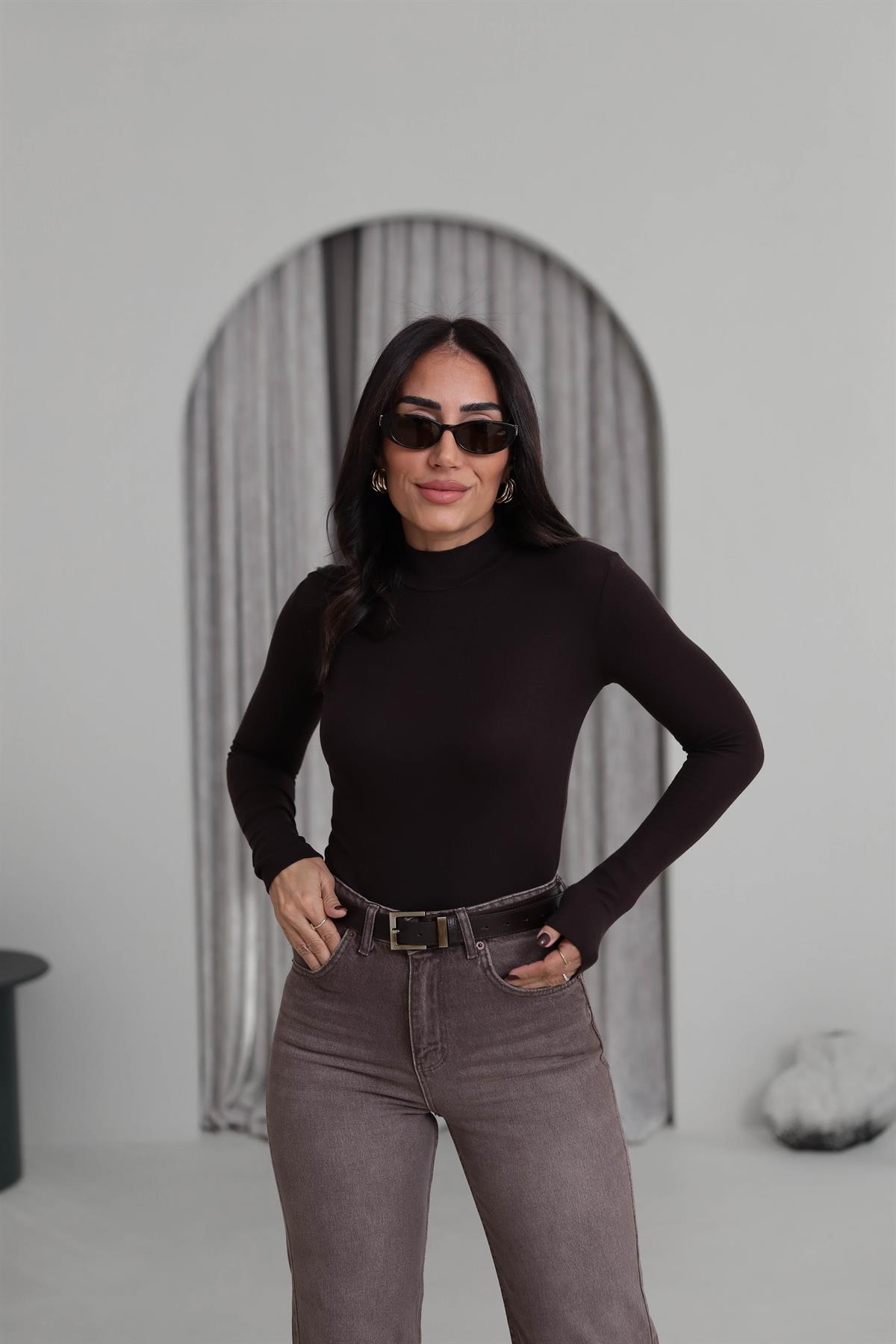 4144 Balıkçı Yaka Uzun Kol Bluz KAHVE