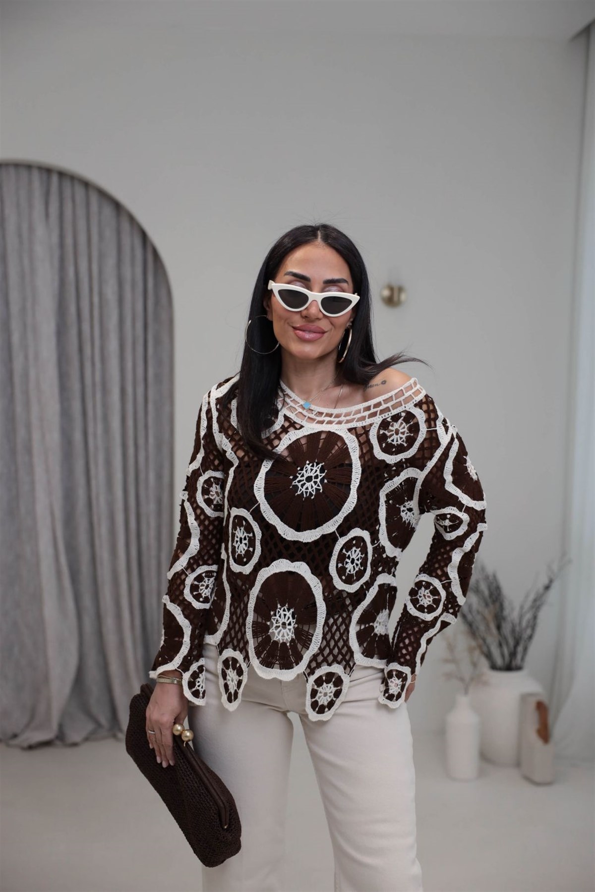 4087 Desenli Örme Yazlık Triko KAHVE