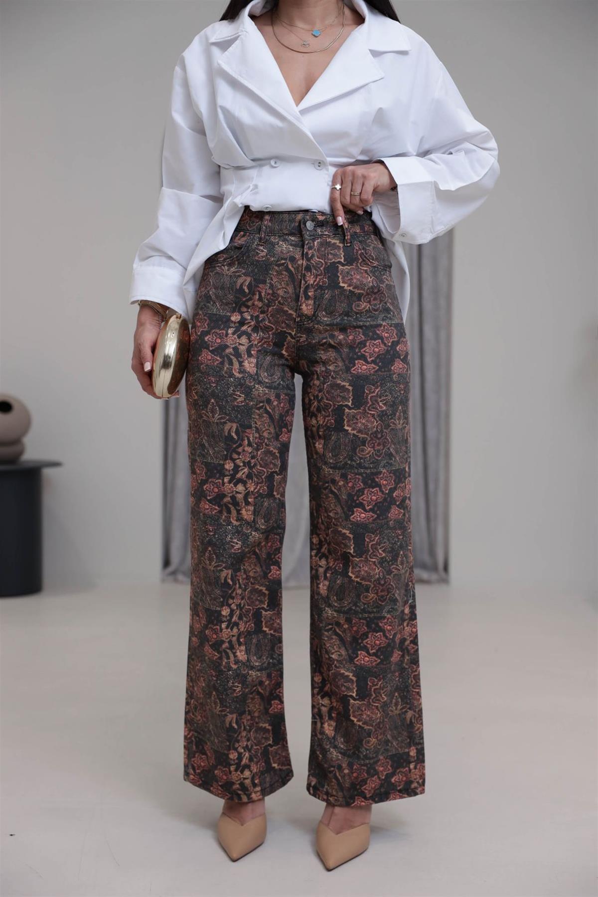 0915 Desenli Yüksek Bel Kot Pantolon DESENLİ