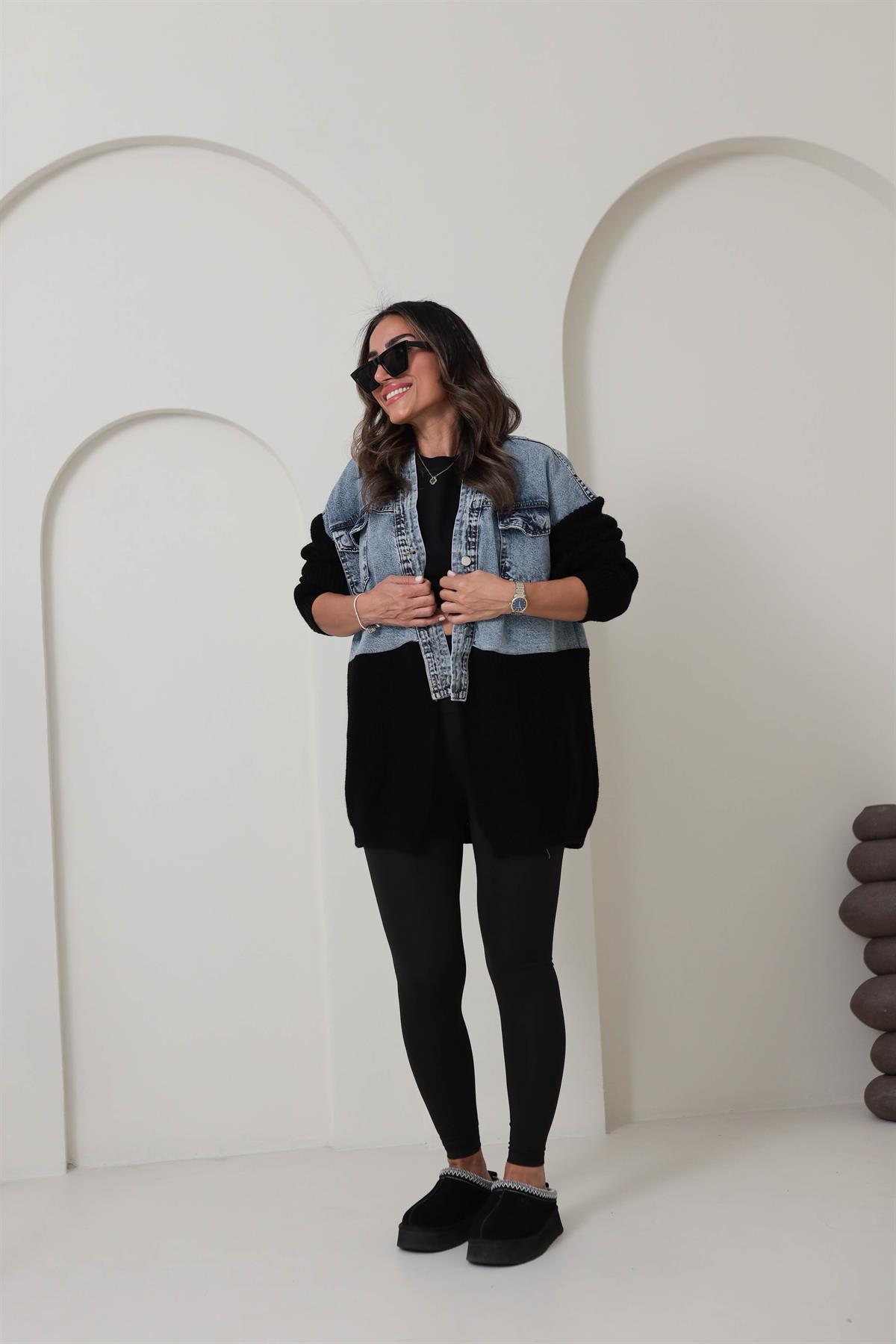 4139 Tasarım Triko ve Kot Garnili Ceket Hırka SİYAH