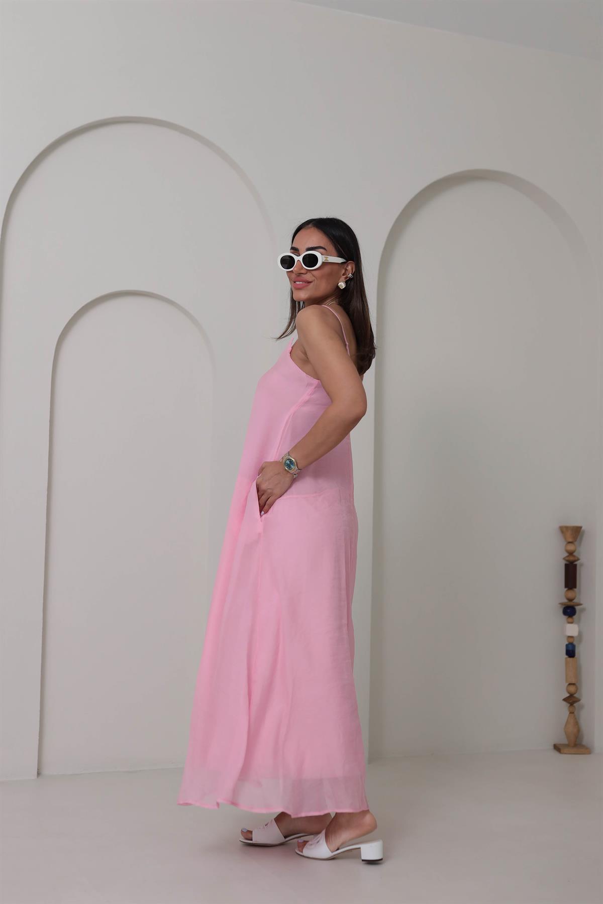 3227 Askılı Kare Yaka Maxi Tencel Elbise PEMBE