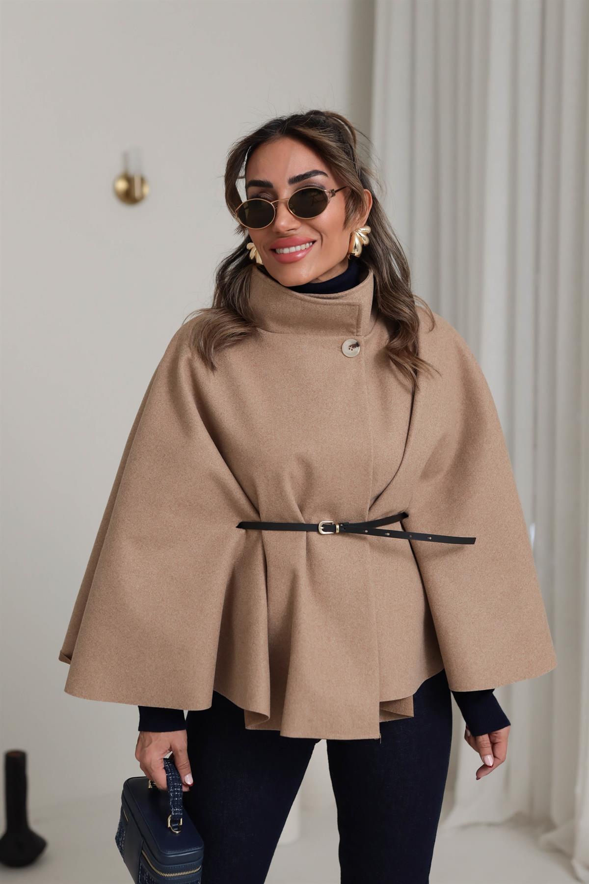 80167 Kemerli Dik Yaka Kaşe Panço CAMEL