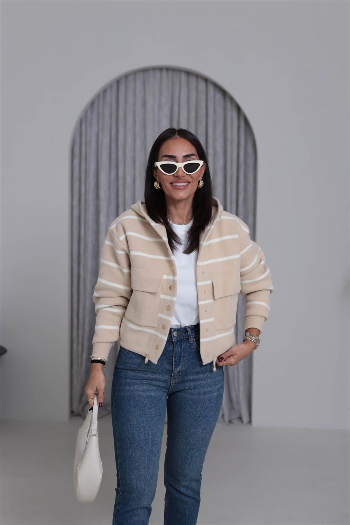 4600 Gold Düğme Detaylı Çizgili Angora Ceket KREM