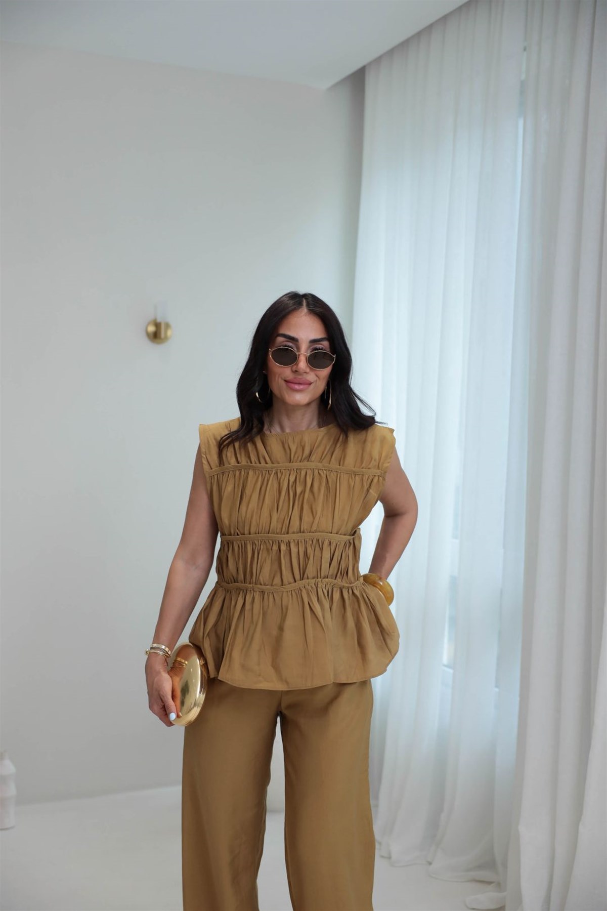 0483 Kat Kat Dikiş Detaylı Tencel Takım OLİVE