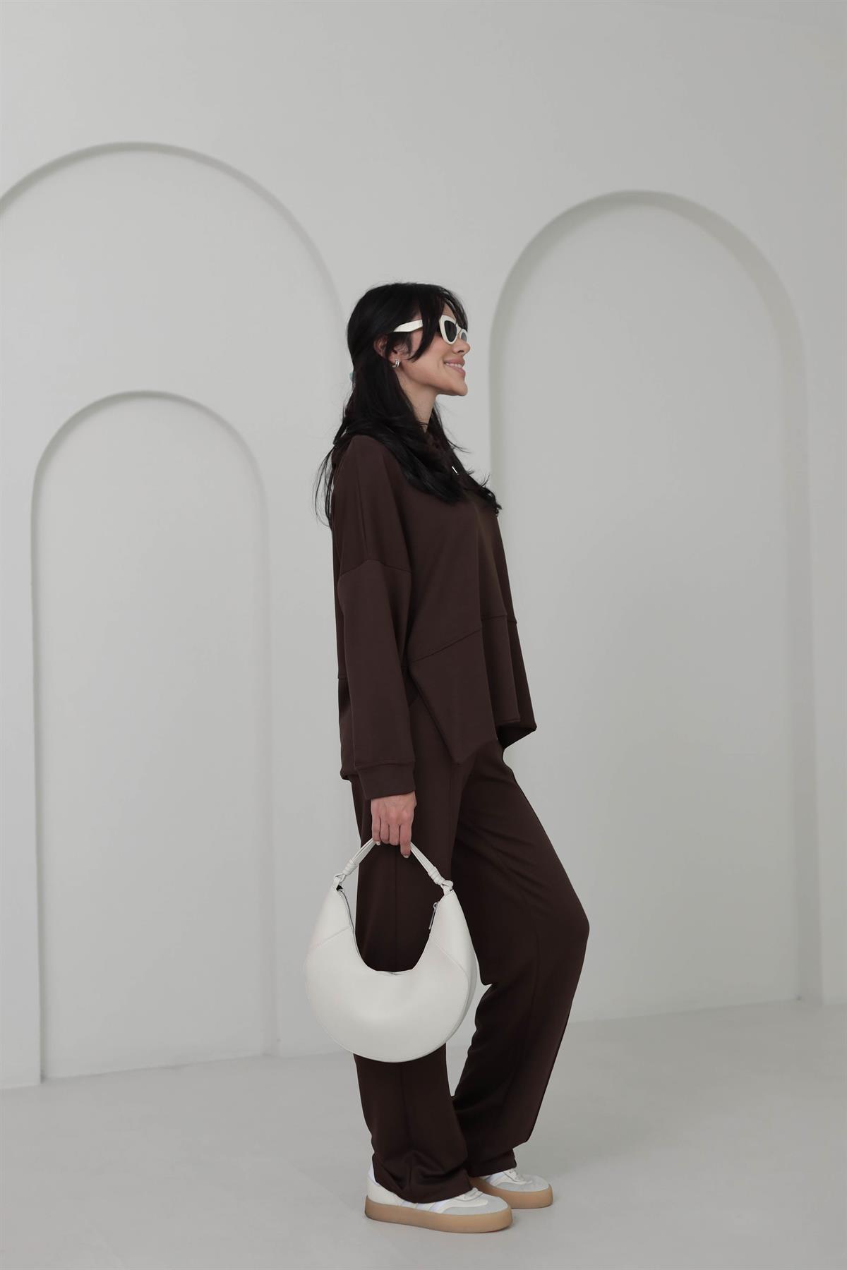 2130 Kapşonlu Uzun Kol Modal Penye Takım KAHVE