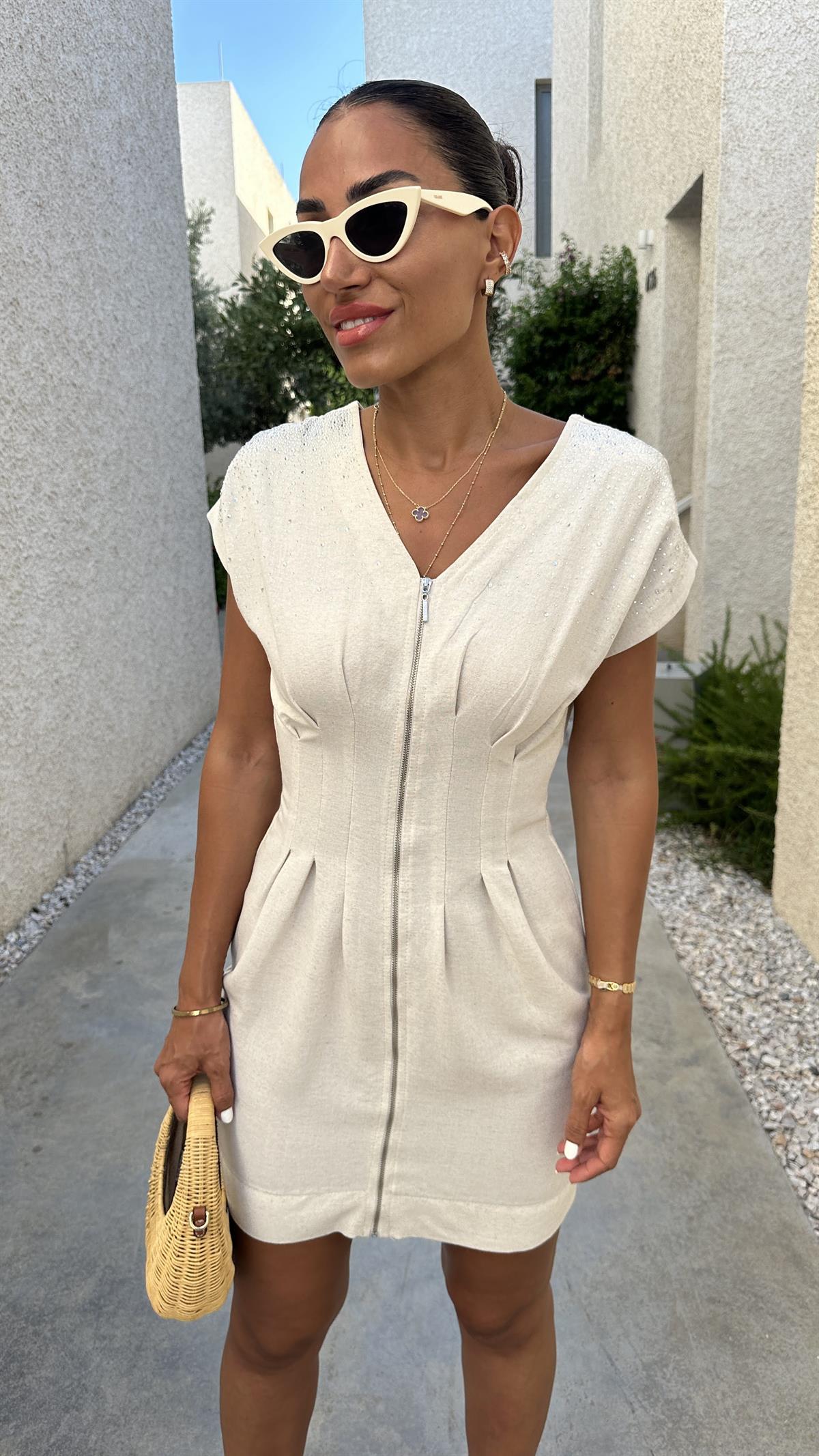 6212 Taş İşlemeli Önden Fermuarlı Keten Elbise