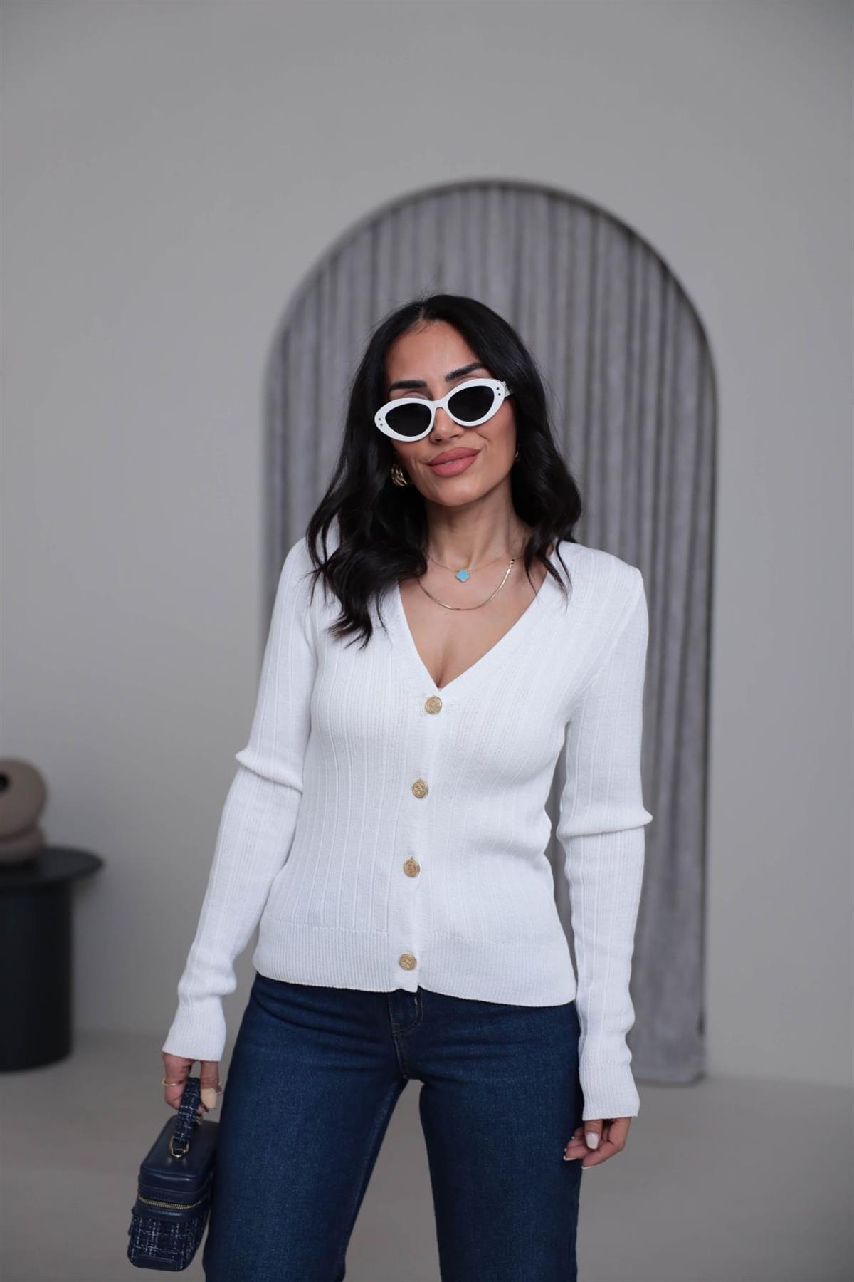 4883 Gold Düğmeli V Yaka Triko Hırka EKRU