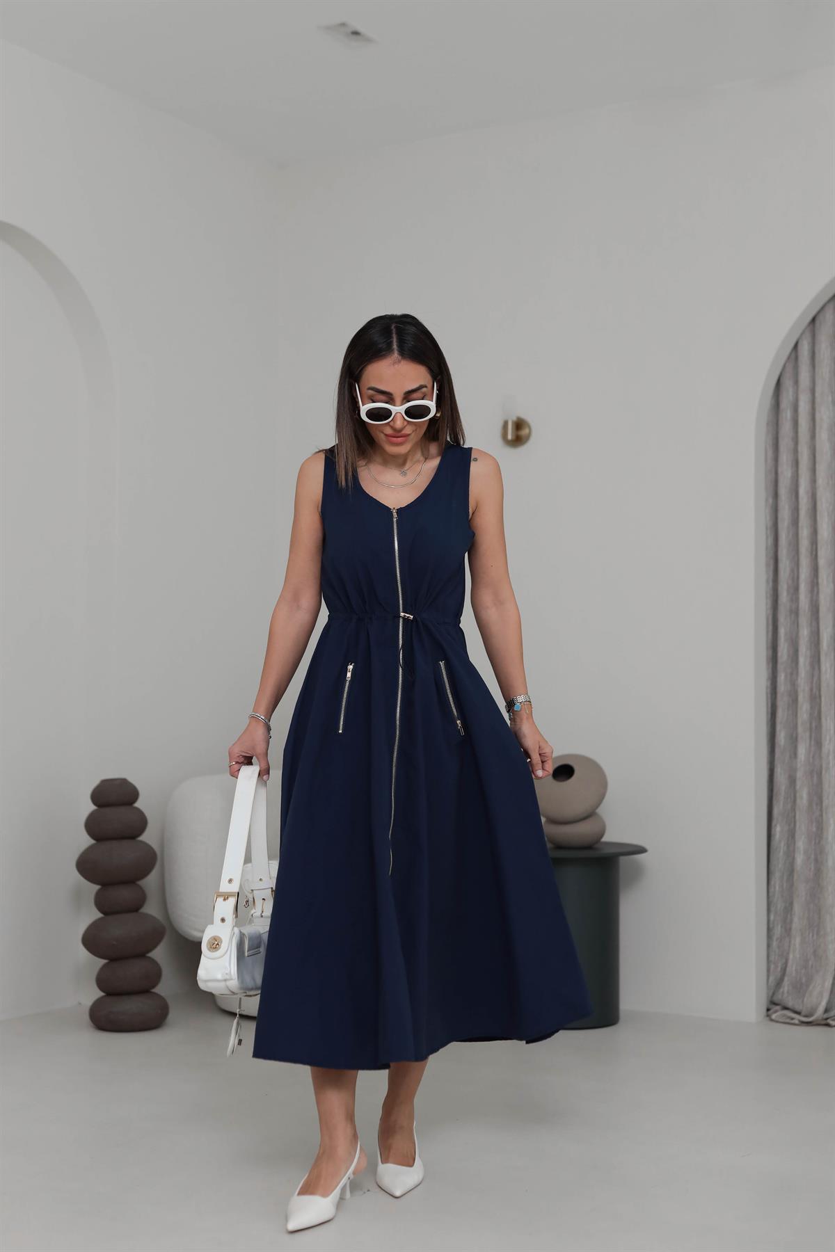 6069 Gold Fermuarlı Sıfır Kol Midi Elbise LACİVERT
