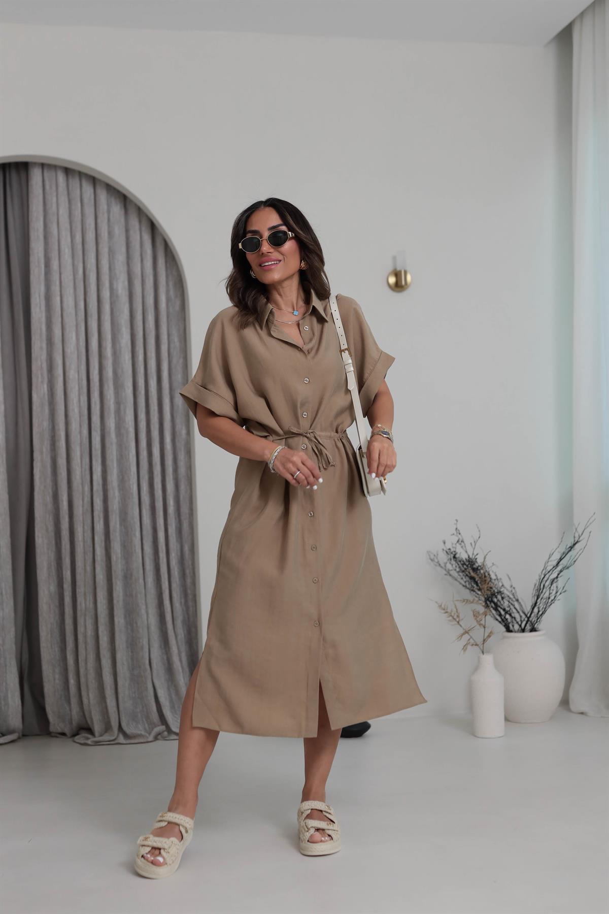 Bel Büzgülü Tencel Gömlek Elbise CAMEL