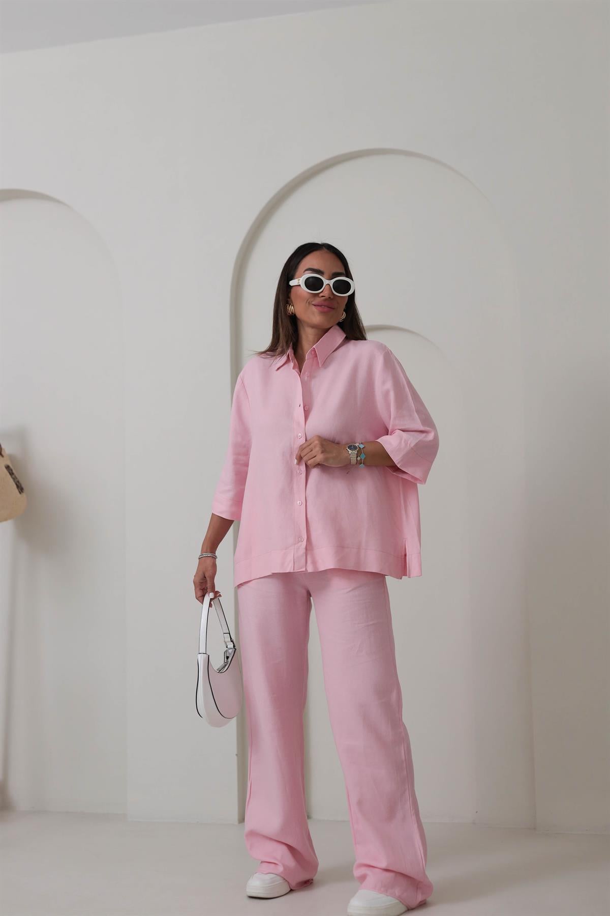 0390 Yarım Kol Gömlekli Pantolonlu Keten Takım PEMBE