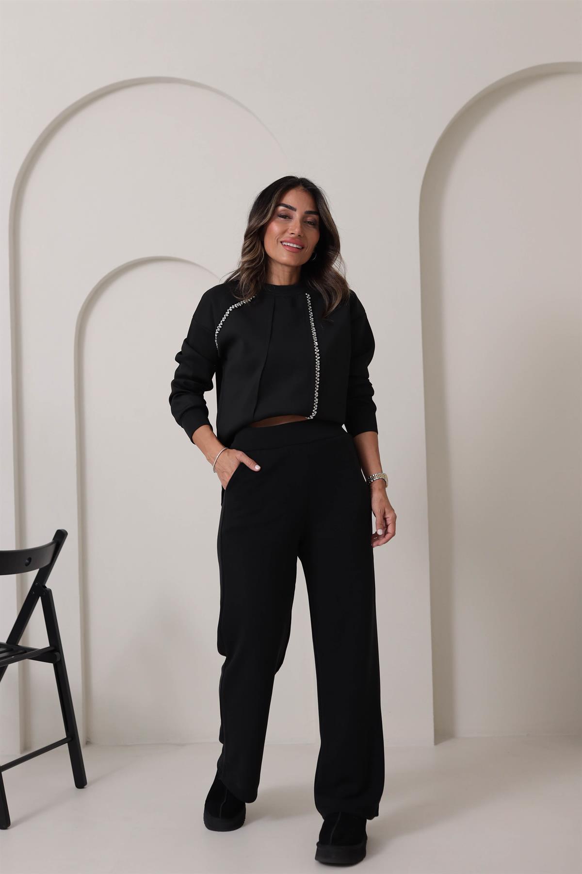 5368 Taş İşlemeli Scuba Kumaş Sweatshirt