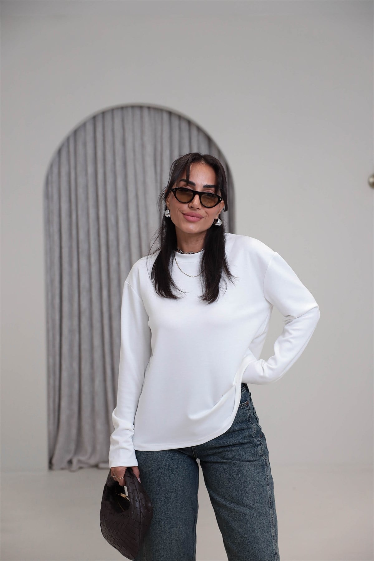 1448 Bisiklet Yaka uzun Kollu Oversize Tshirt BEYAZ
