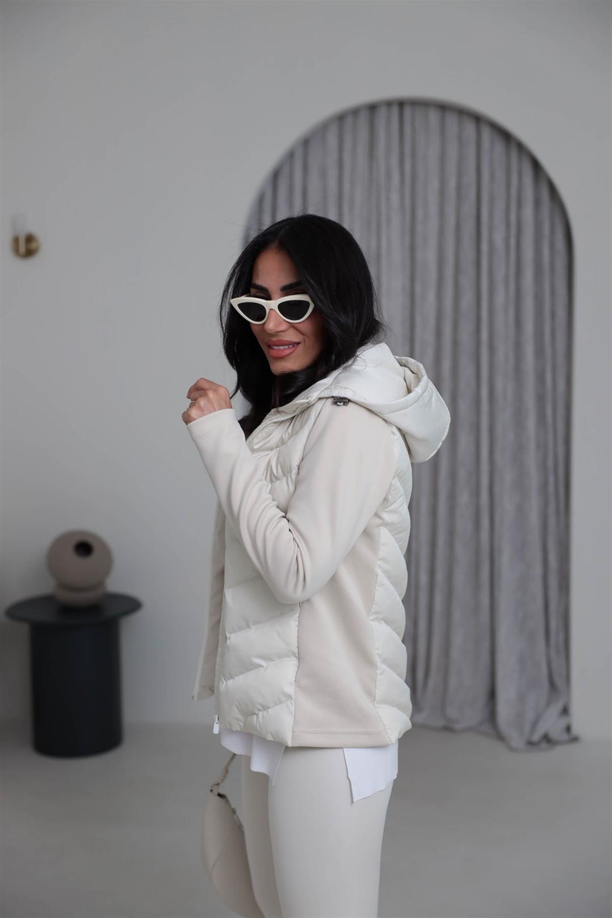 118 Kapşonlu Fermuarlı Hybrid Mont KREM