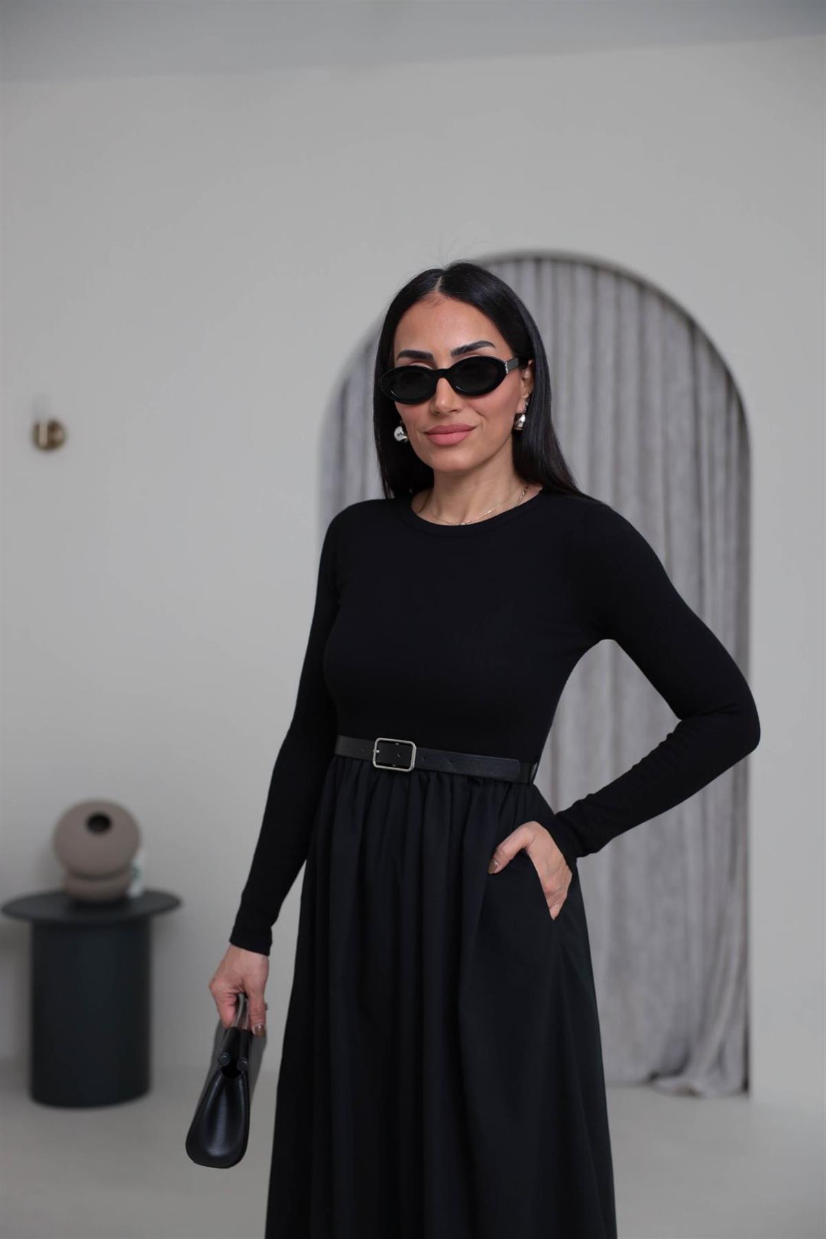 2018 Kemerli Kaşkorse Uzun Kol Elbise SİYAH