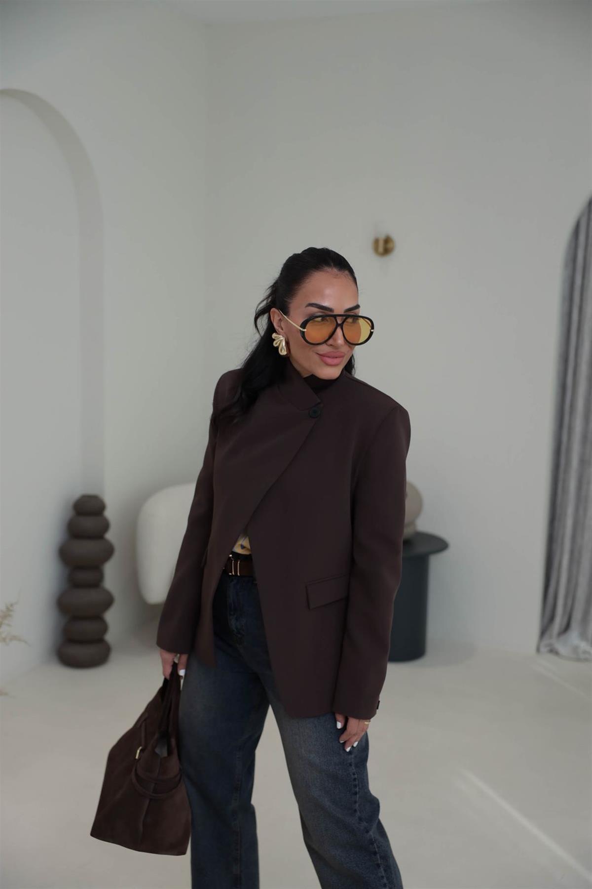 2330 Dik Yaka Düğmeli Blazer Ceket KAHVE