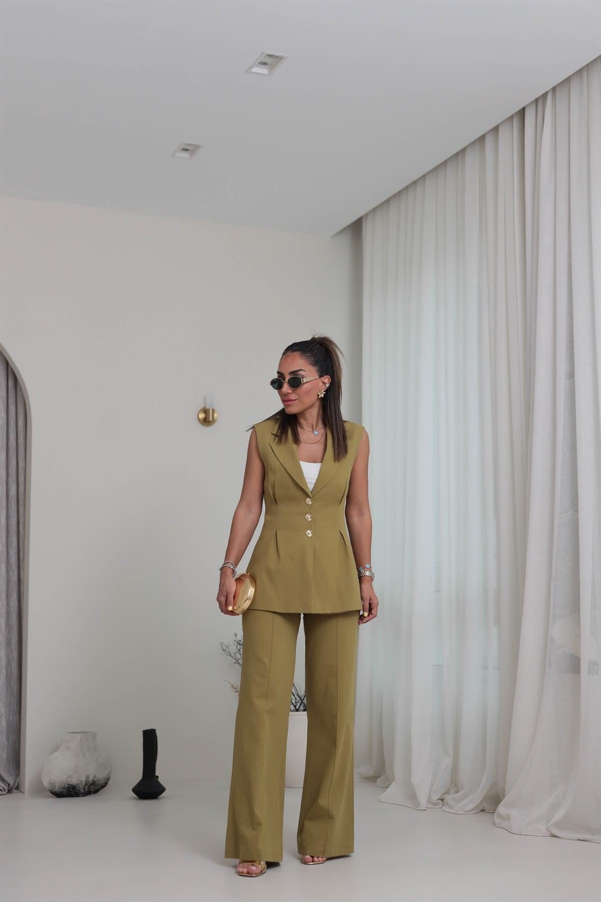 9212 Çiçek Gold Düğmeli Keten Takım YAĞ YEŞİLİ