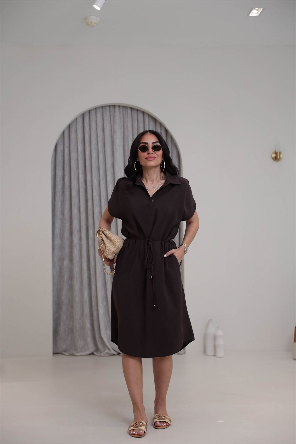 7541 Polo Yaka Tencel Kumaş Elbise KAHVE