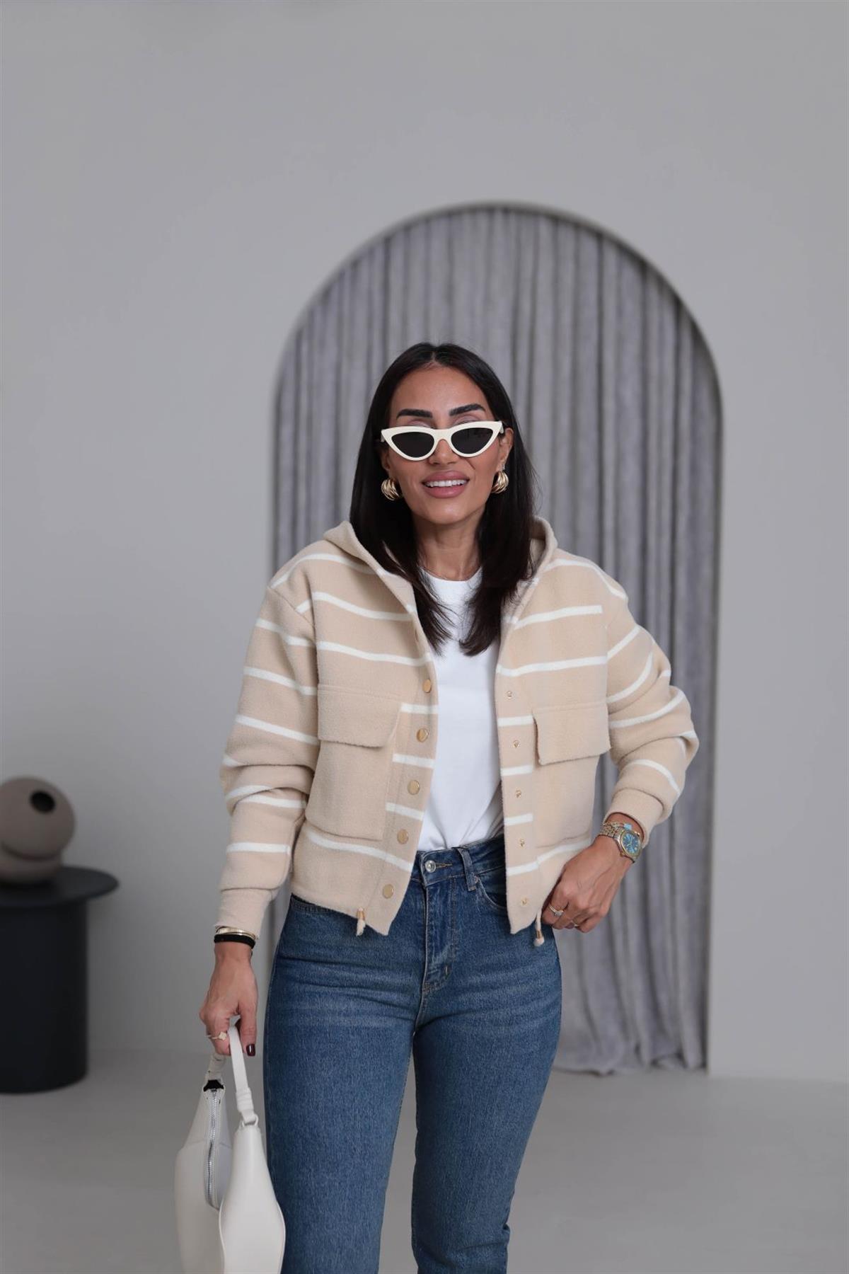 4600 Gold Düğme Detaylı Çizgili Angora Ceket KREM