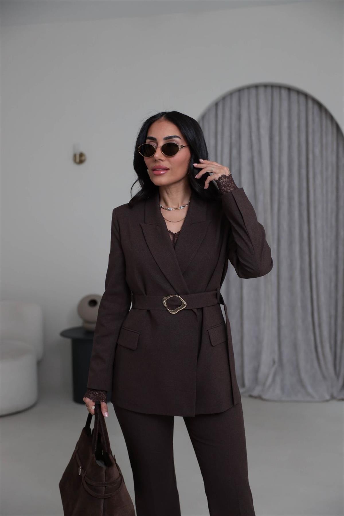 0310 Kemerli Ceketli Pantolon Takım KAHVE