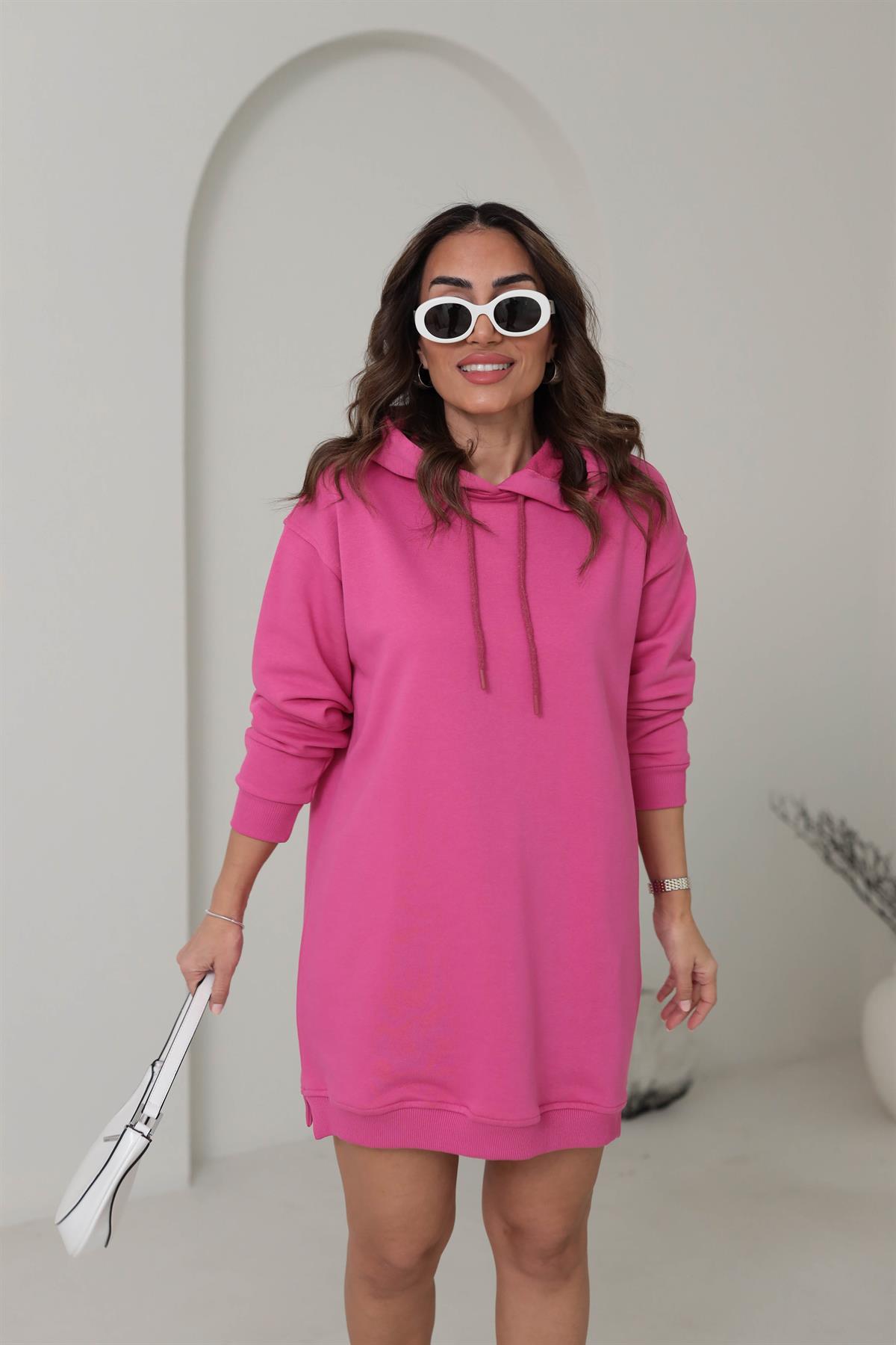 1231 Kapşonlu Sweat Elbise FUŞYA