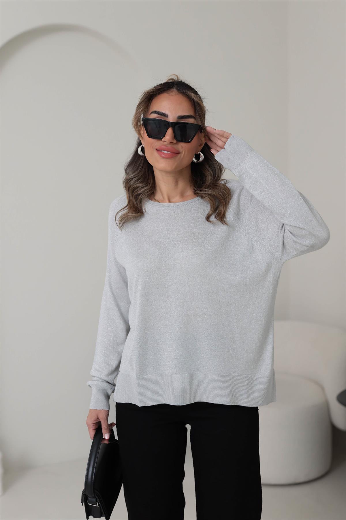 0557 Bisiklet Yaka Simli Basic İnce Triko AÇIK GRİ