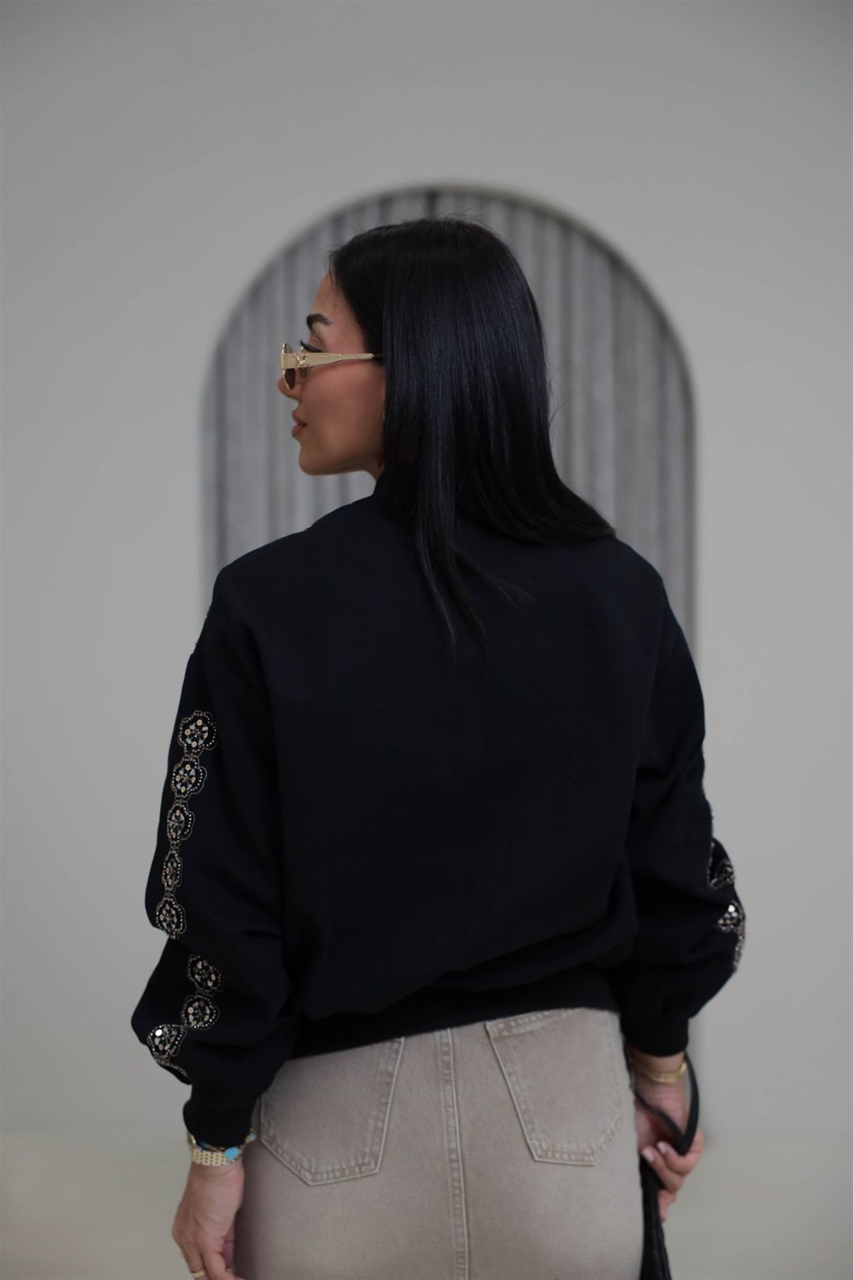 9928 Pul ve Boncuk İşlemeli Bomber Ceket SİYAH