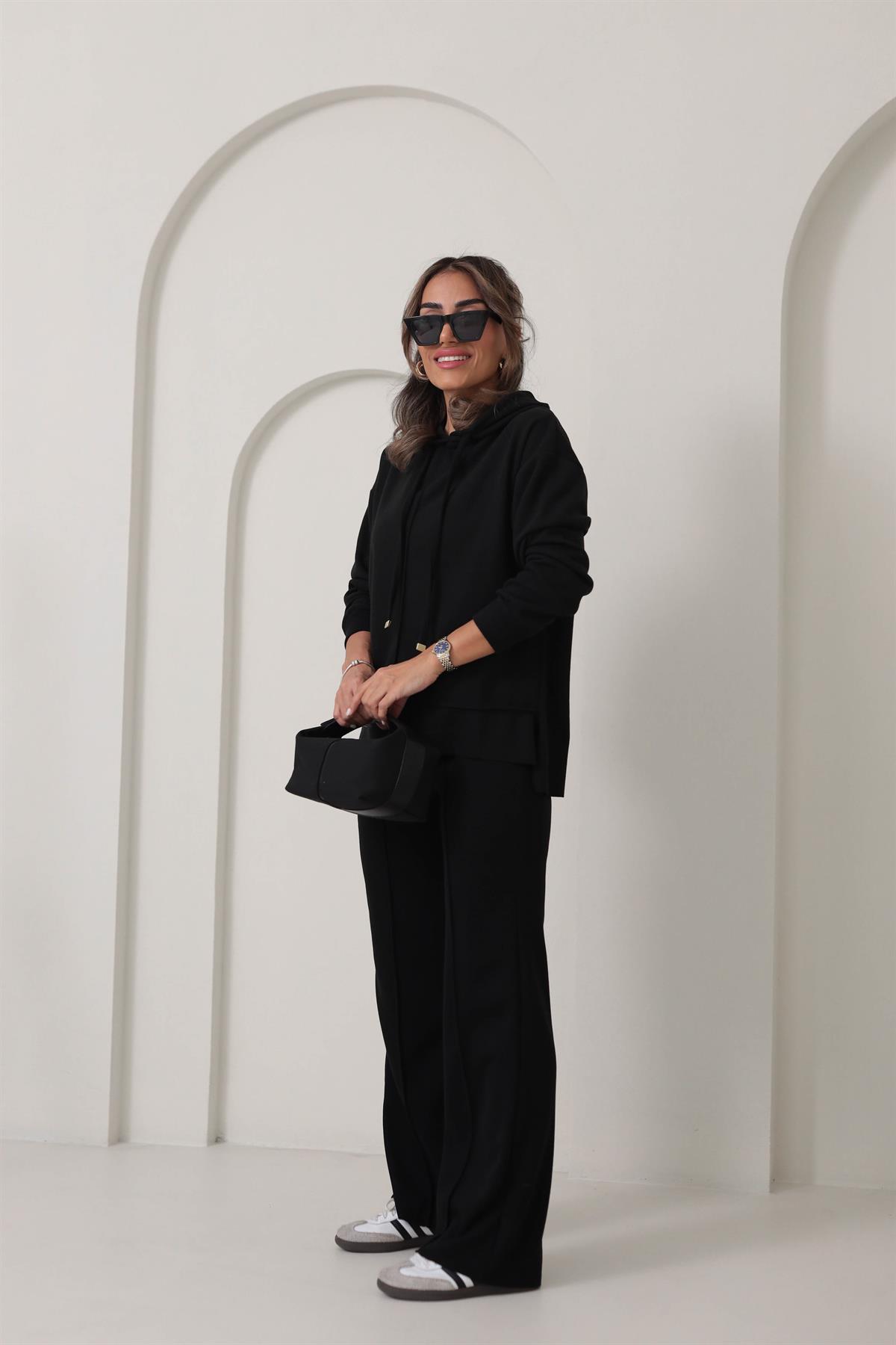 09T2 Ön Dikiş Detaylı Dokulu Rahat Takım SİYAH