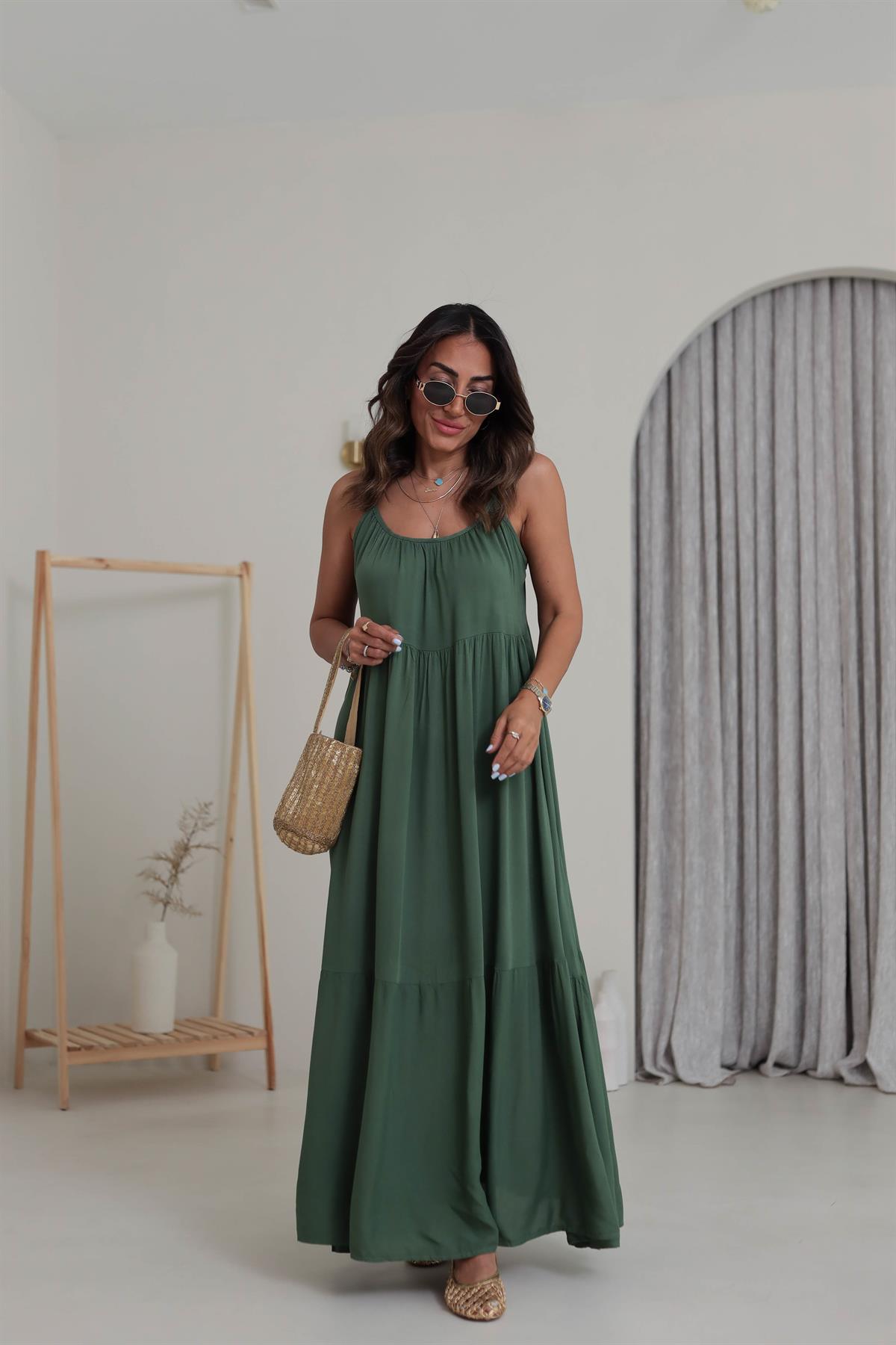 1387 Askıları Ayarlanabilir Viskon Maxi Elbise HAKİ YEŞİL