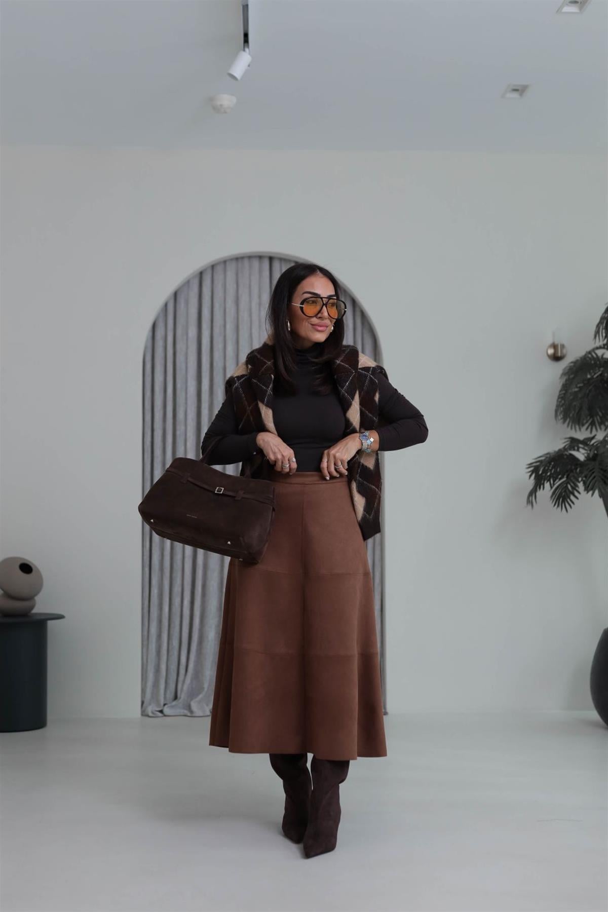 7547 Midi Boy Yüksek Bel Süet Etek TABA