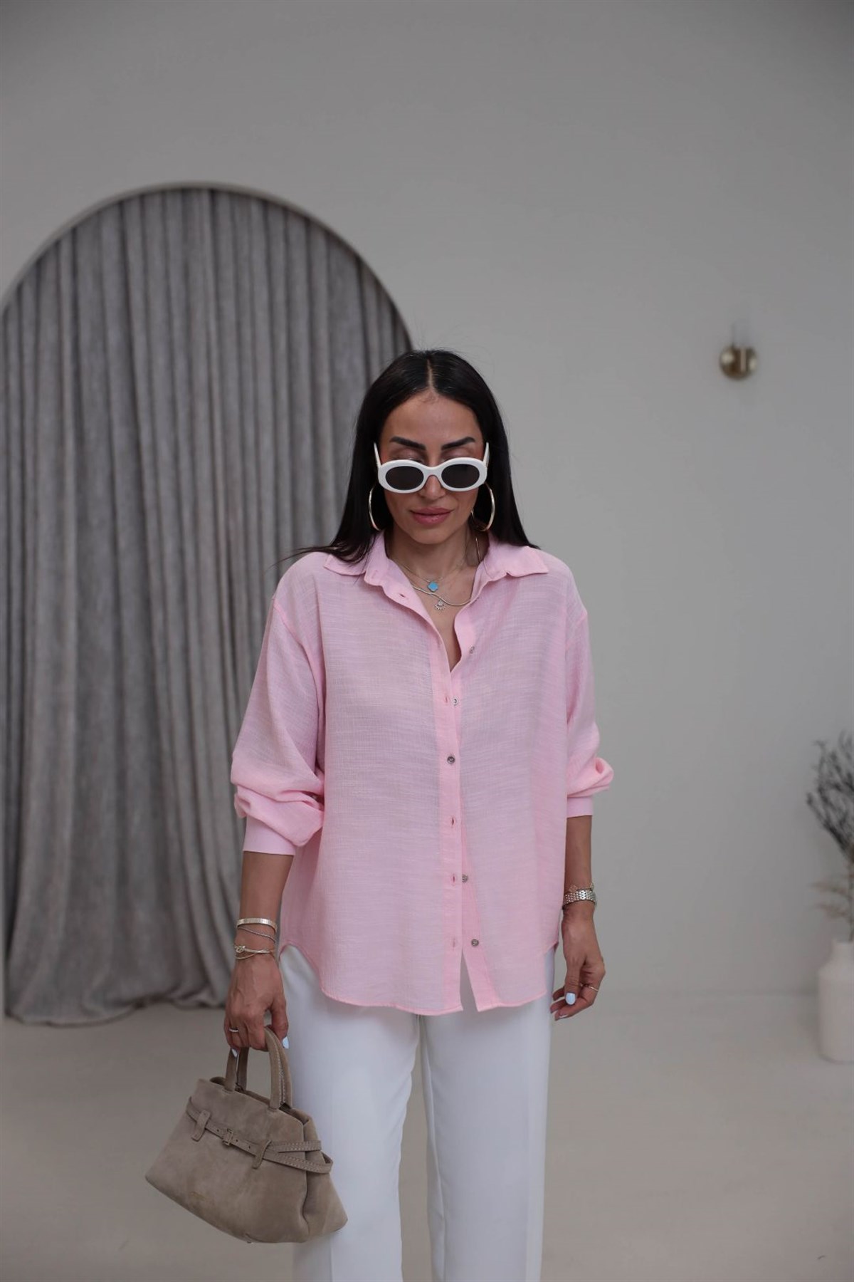 3840 Uzun Kol Dokuma Kumaş Oversize Gömlek ŞEKER PEMBE