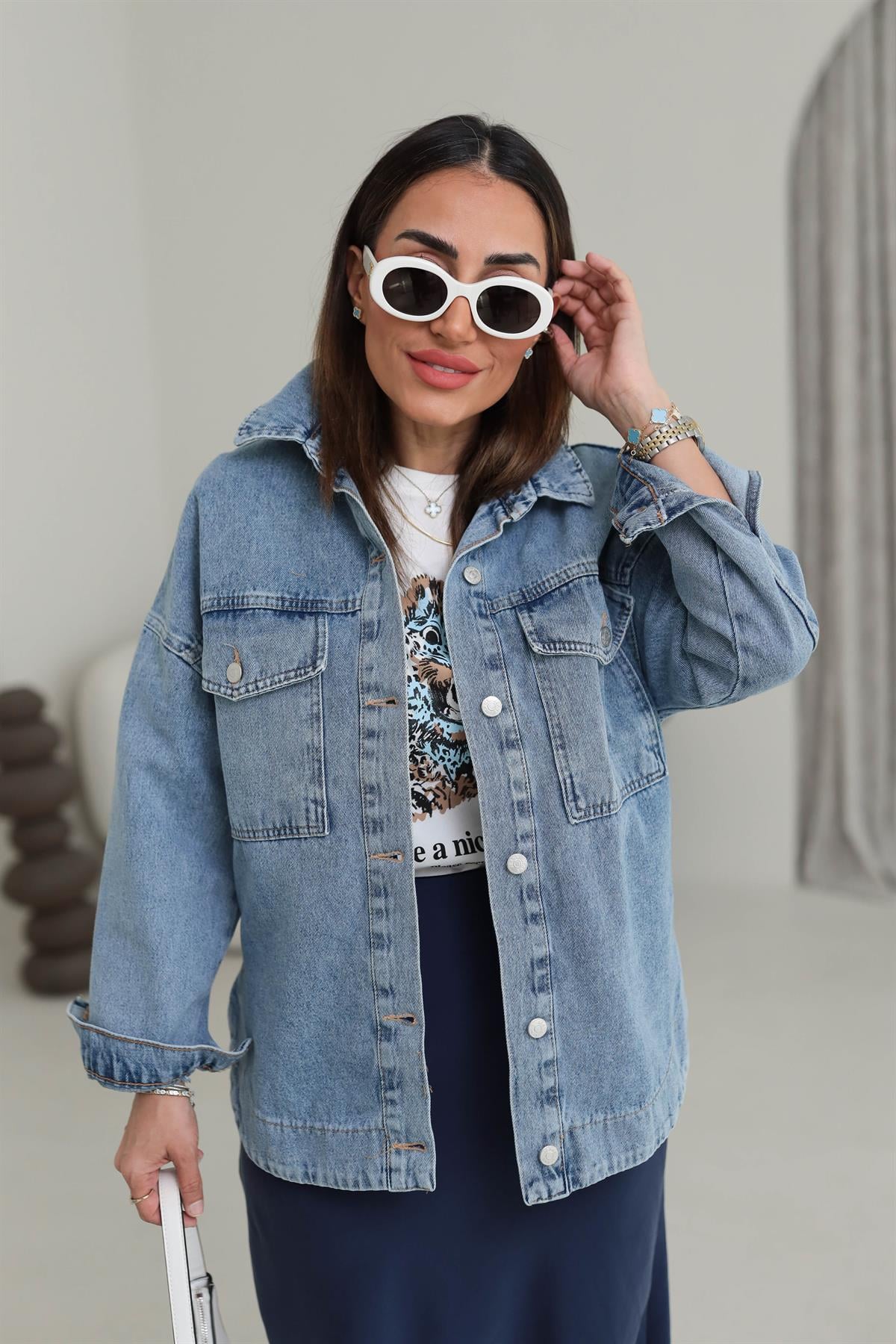 4745 Oval Etek Detaylı Denim Ceket AÇIK MAVİ