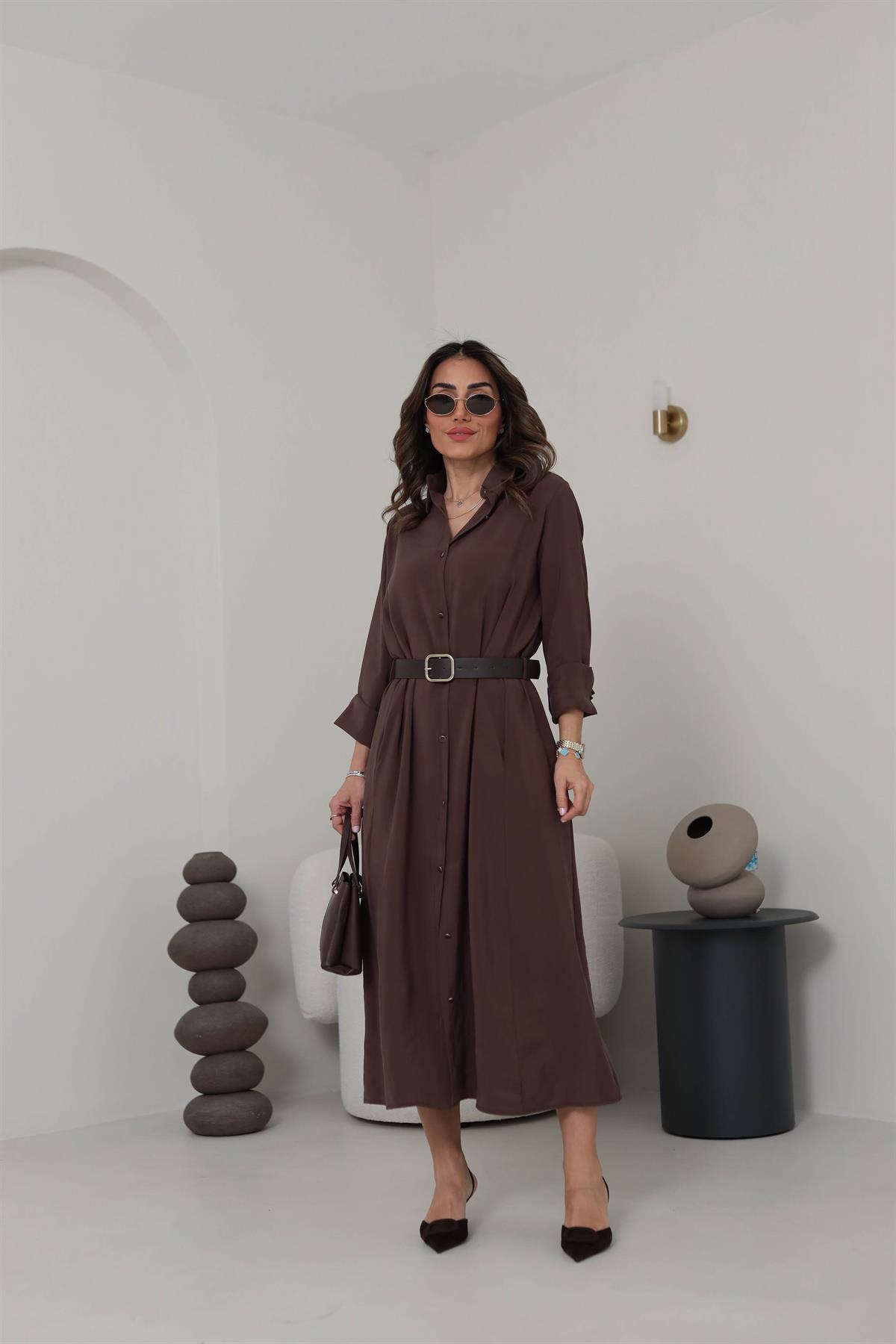 0286 Gold Düğmeli Tencel Gömlek Elbise KAHVE