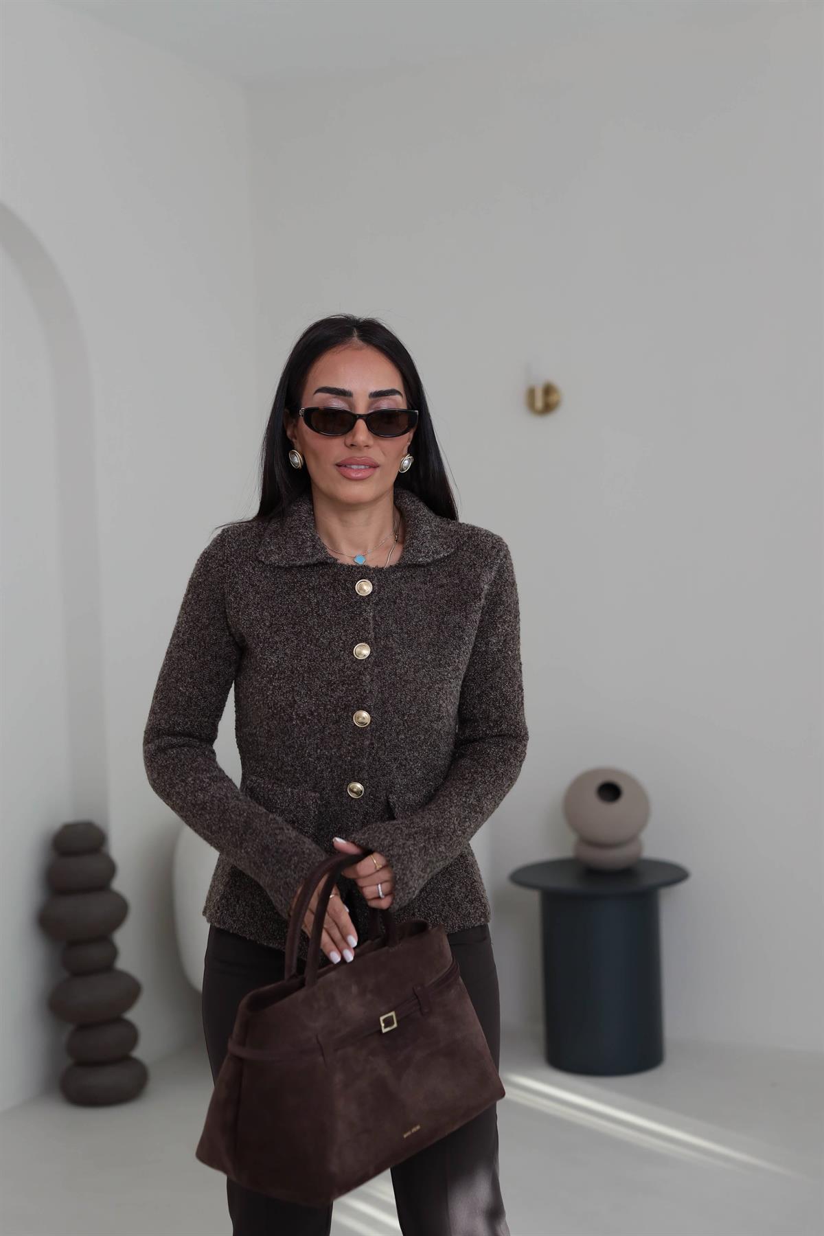 0265 Polo Yaka Düğmeli Cep Detaylı Triko Hırka KAHVE