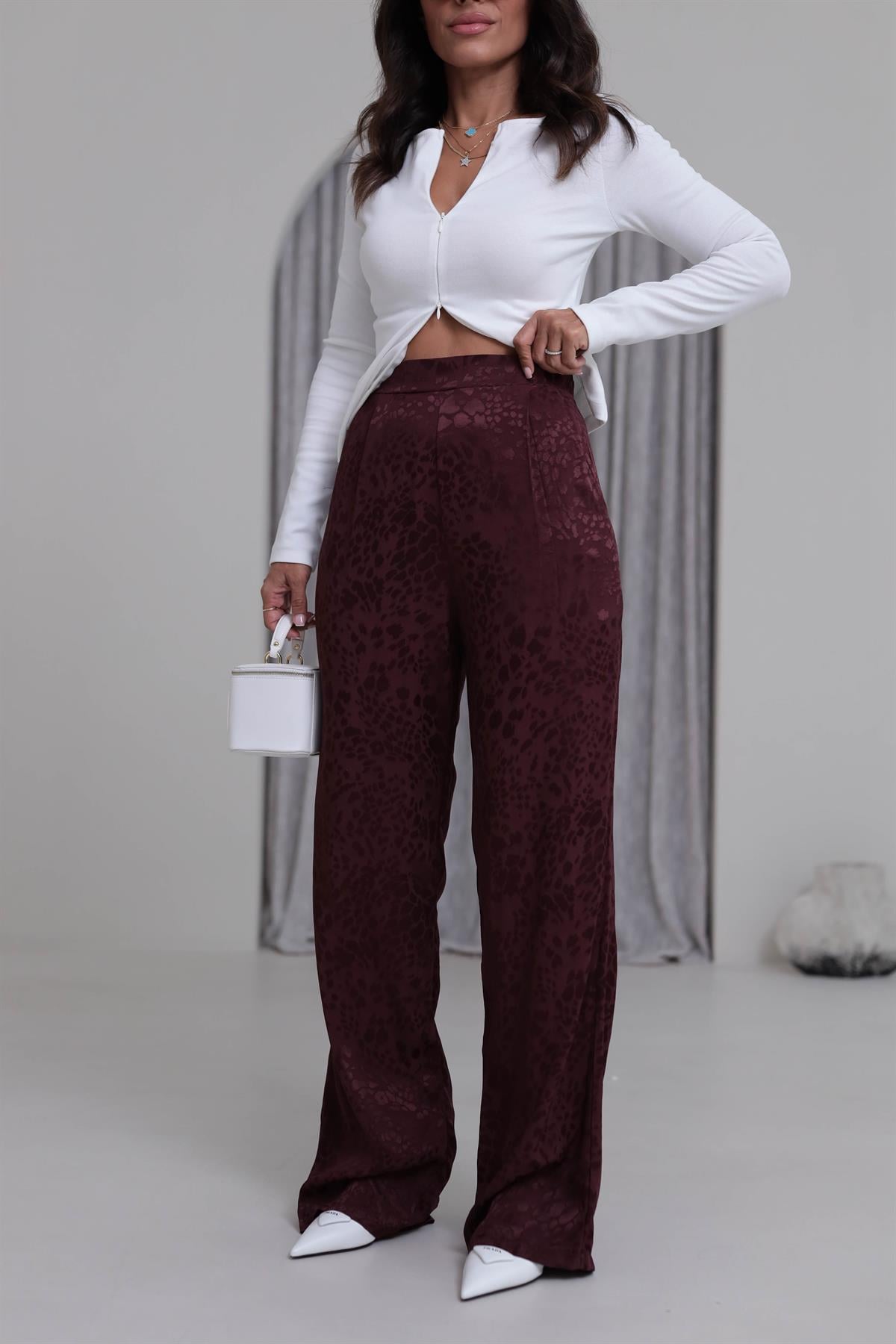 0338 Leopar Desen Saten Pantolon BORDO