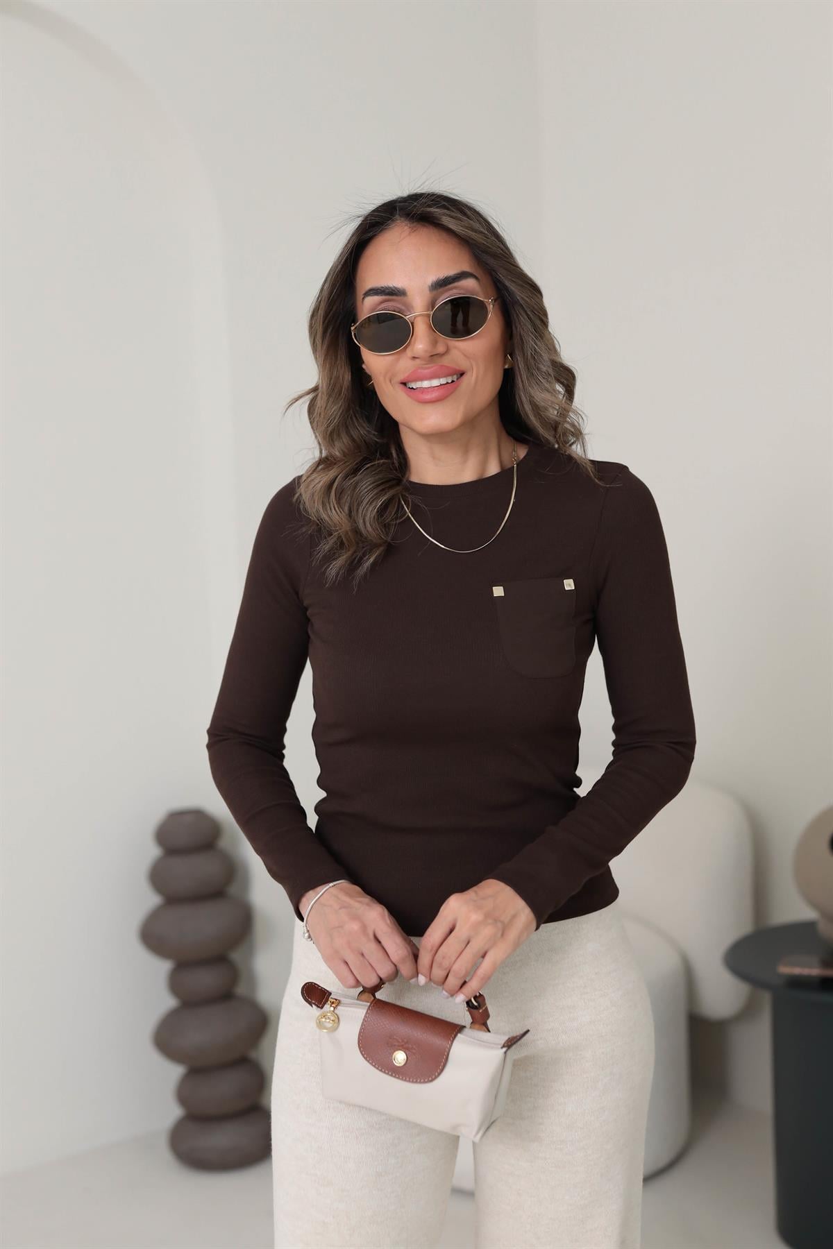 6497 Cebi Gold Detaylı Bluz KAHVE