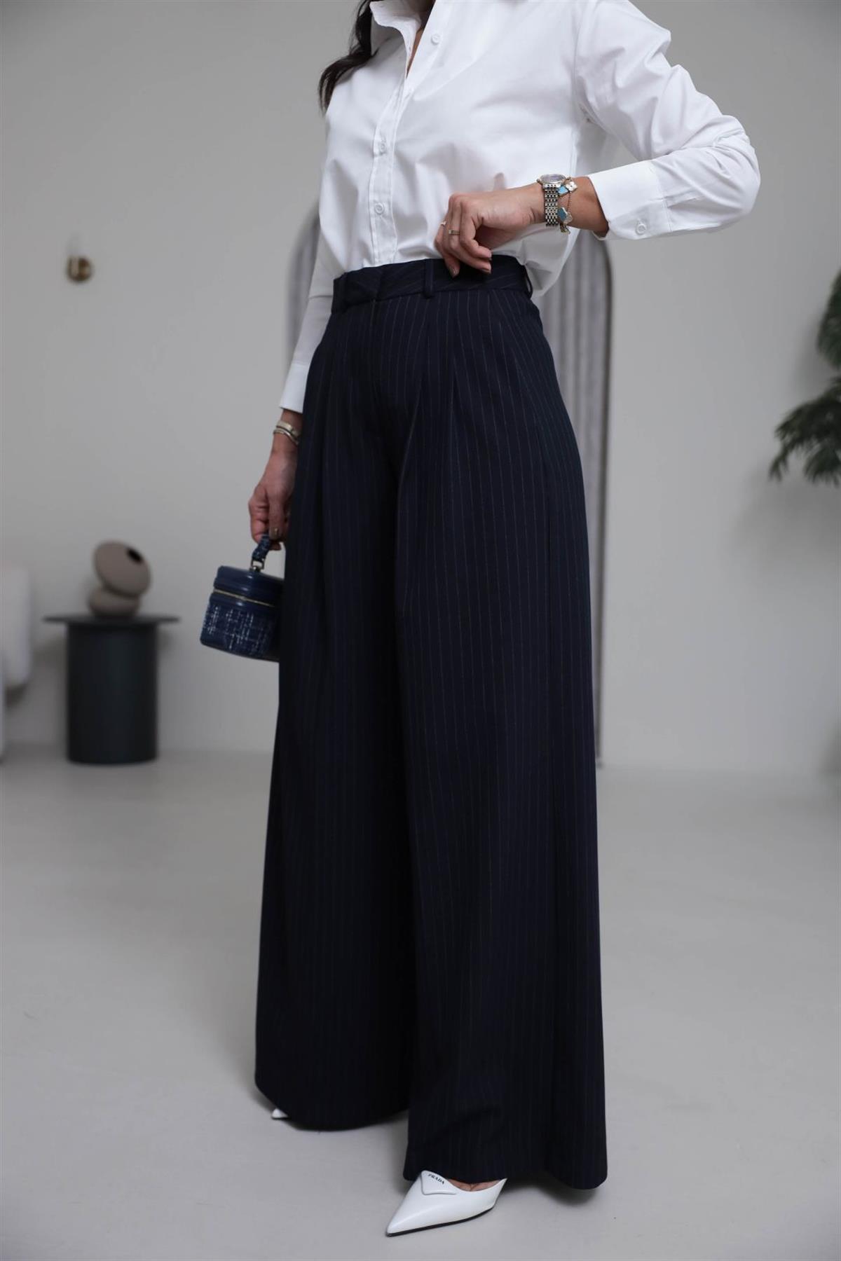 7363 Çizgili Geniş Paça Kumaş Pantolon LACİVERT