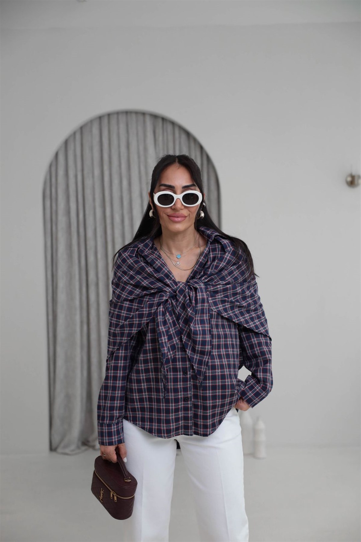 3231 Çıkarılabilir Şal Detaylı Ekose Gömlek KIRMIZI