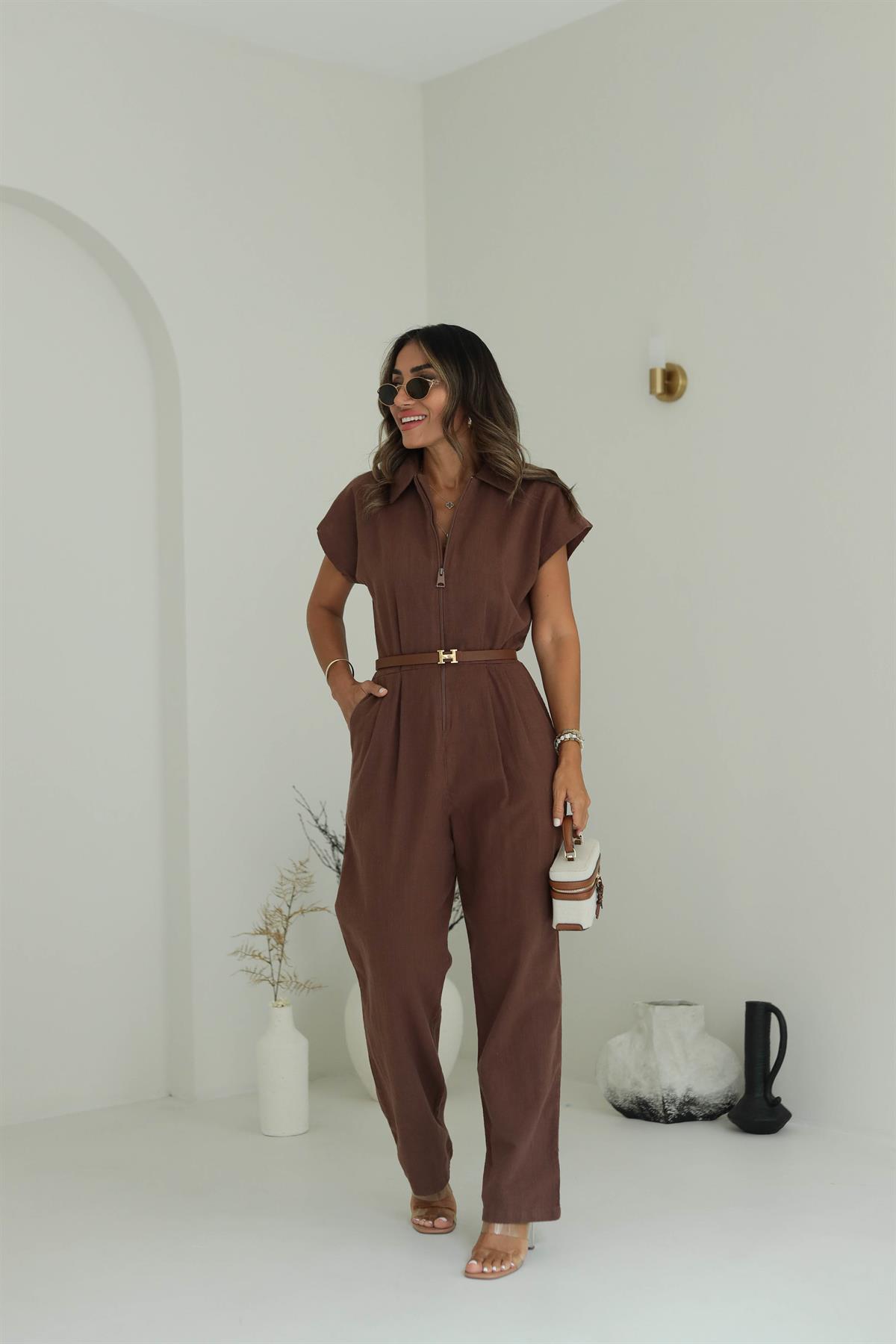 1310 Önden Fermuarlı Keten Tulum