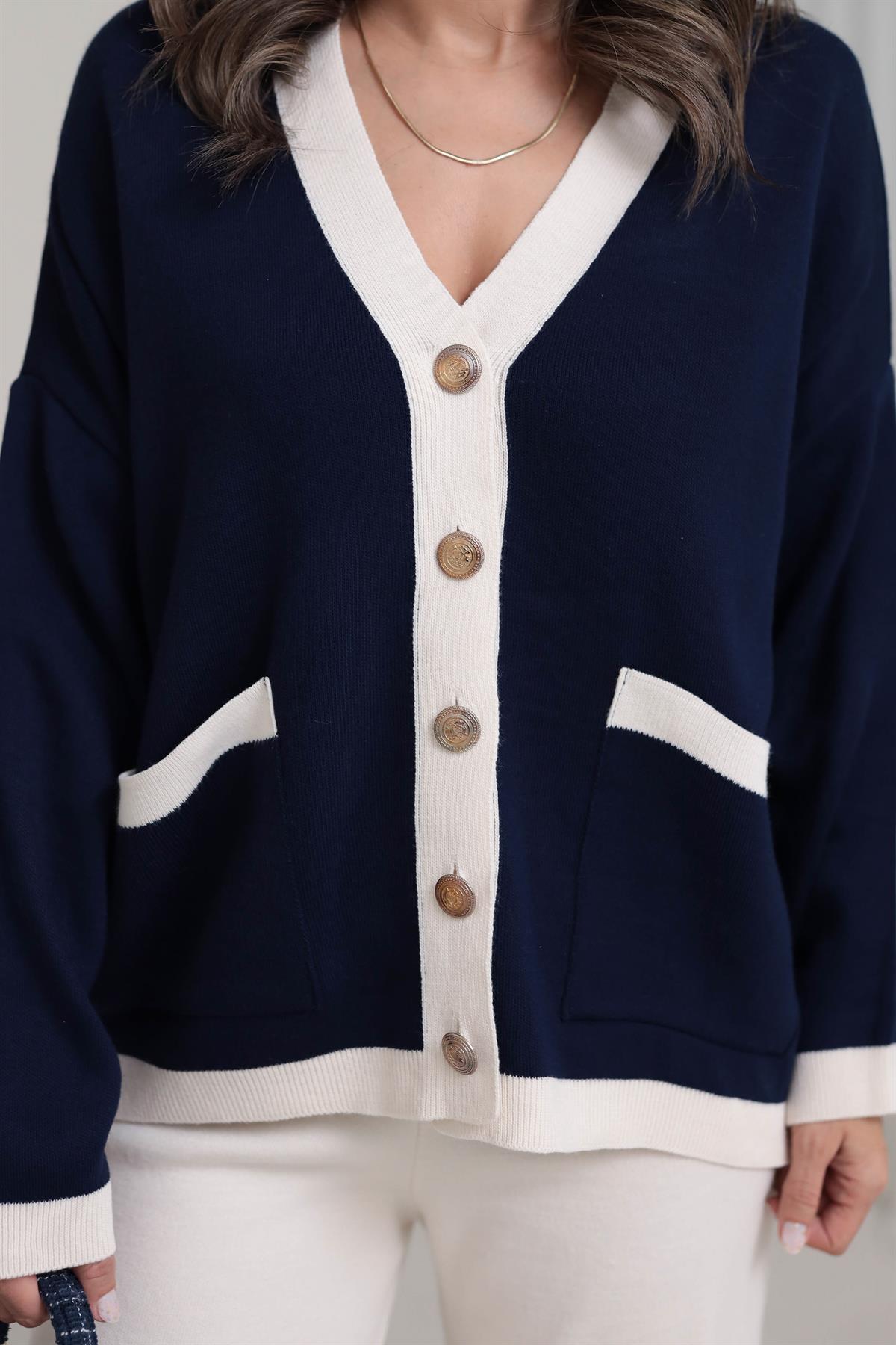 2356 V Yaka Gold Düğmeli Cepli Hırka LACİVERT