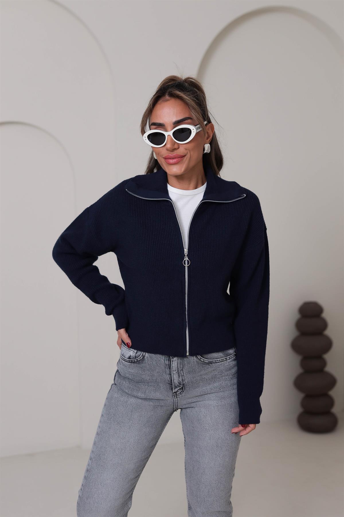 1054 Fermuarlı Yakalı Hırka LACİVERT