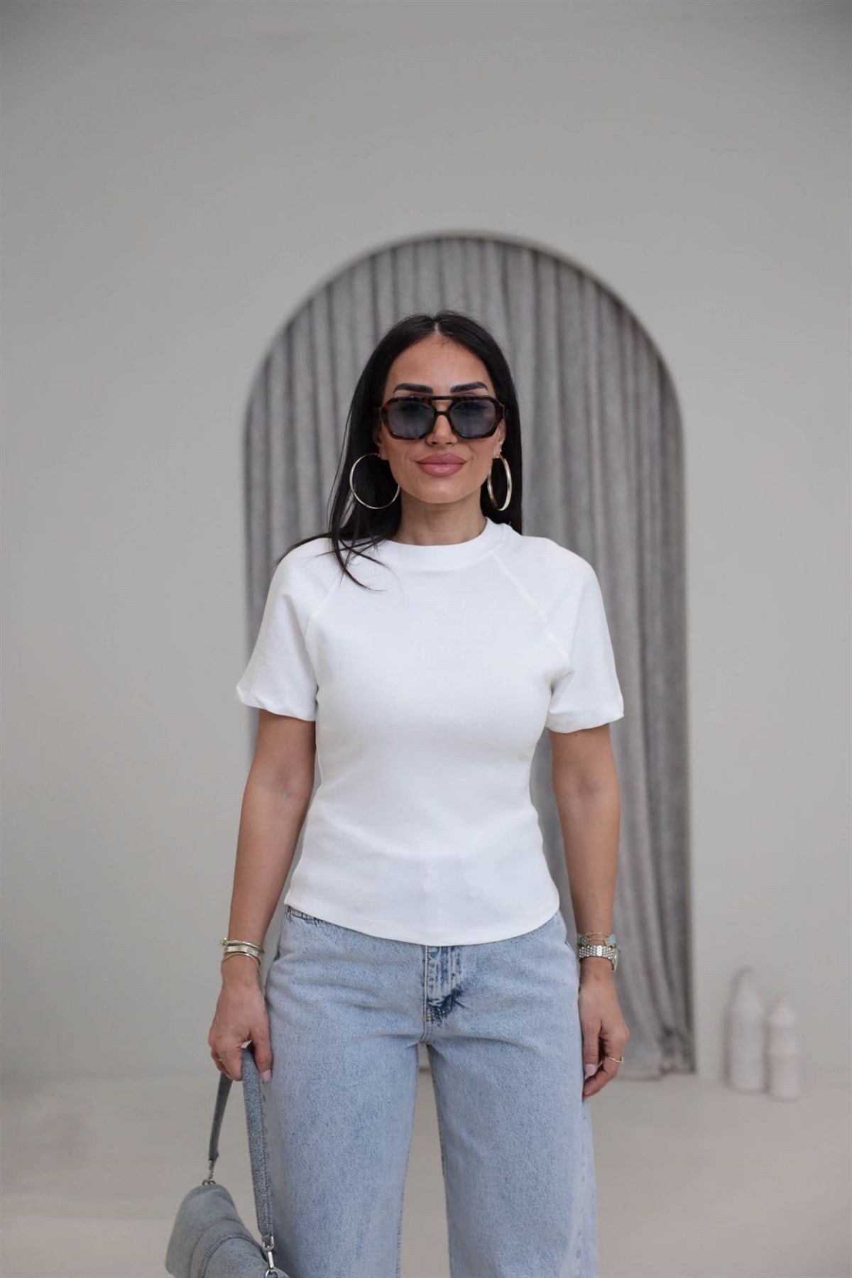 2322 Reglan Kol Yandan Fermuarlı Pamuklu Tshirt EKRU