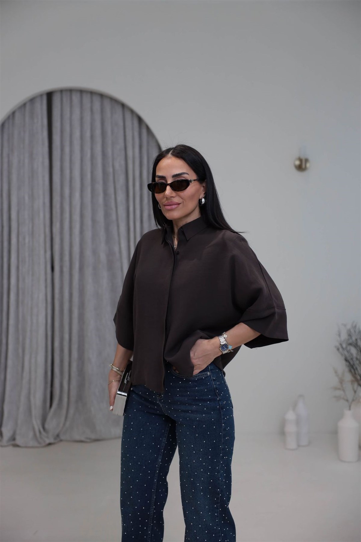 8406 Kısa Kol Tencel Gömlek KAHVE