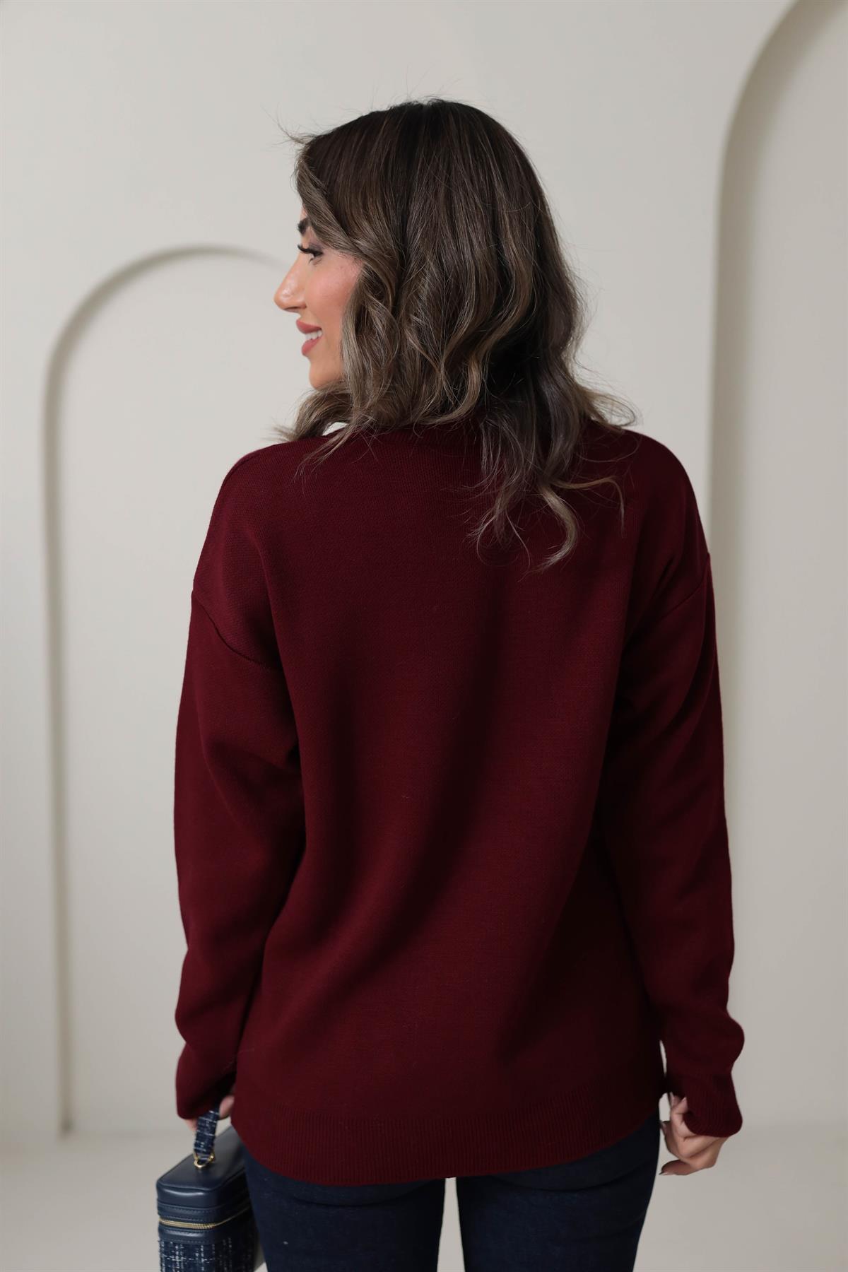 0060 Balıkçı Yaka Kare Desen Kazak BORDO