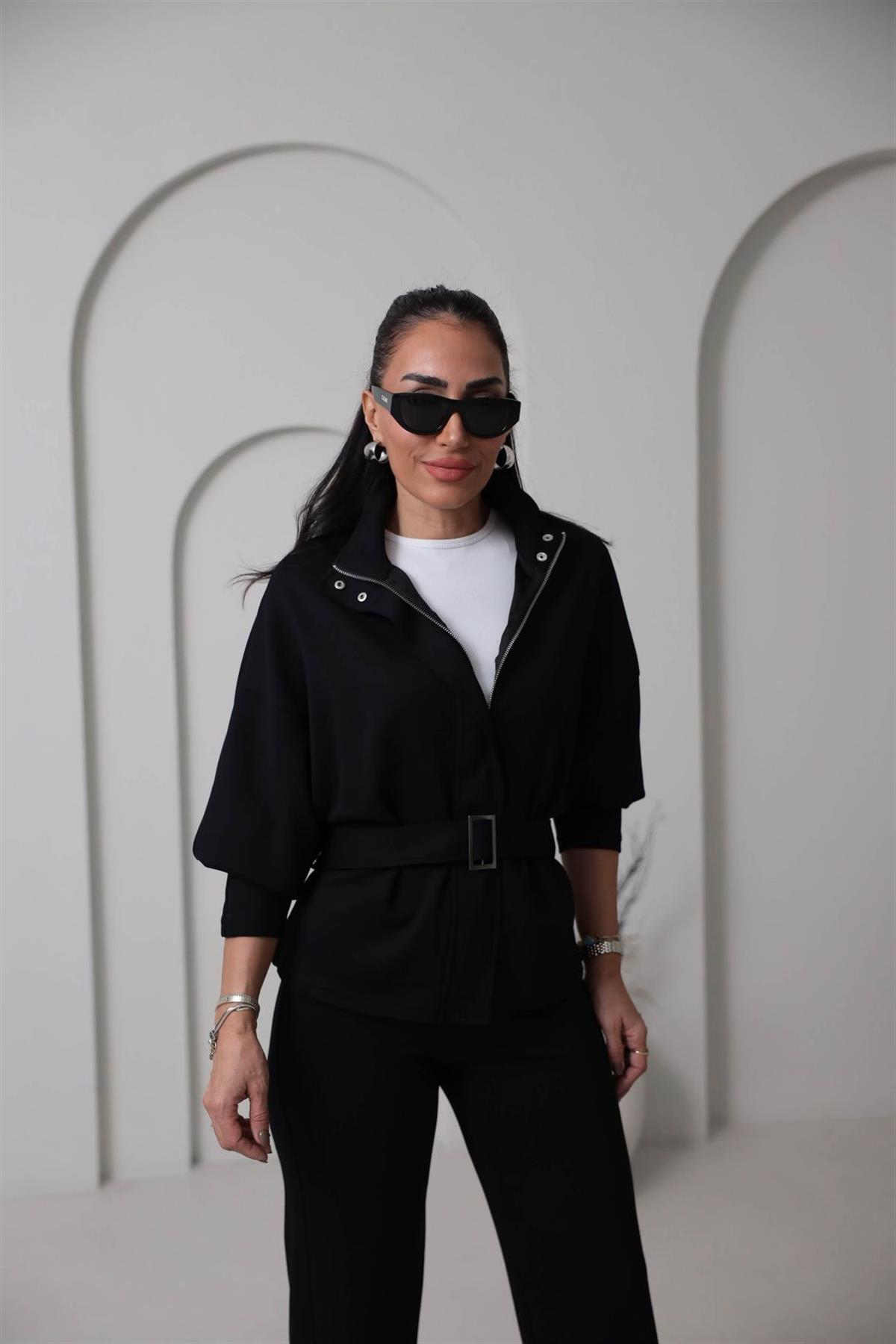 8616 Fermuarlı Kuşaklı Çıtçıt Detaylı Modal Takım SİYAH