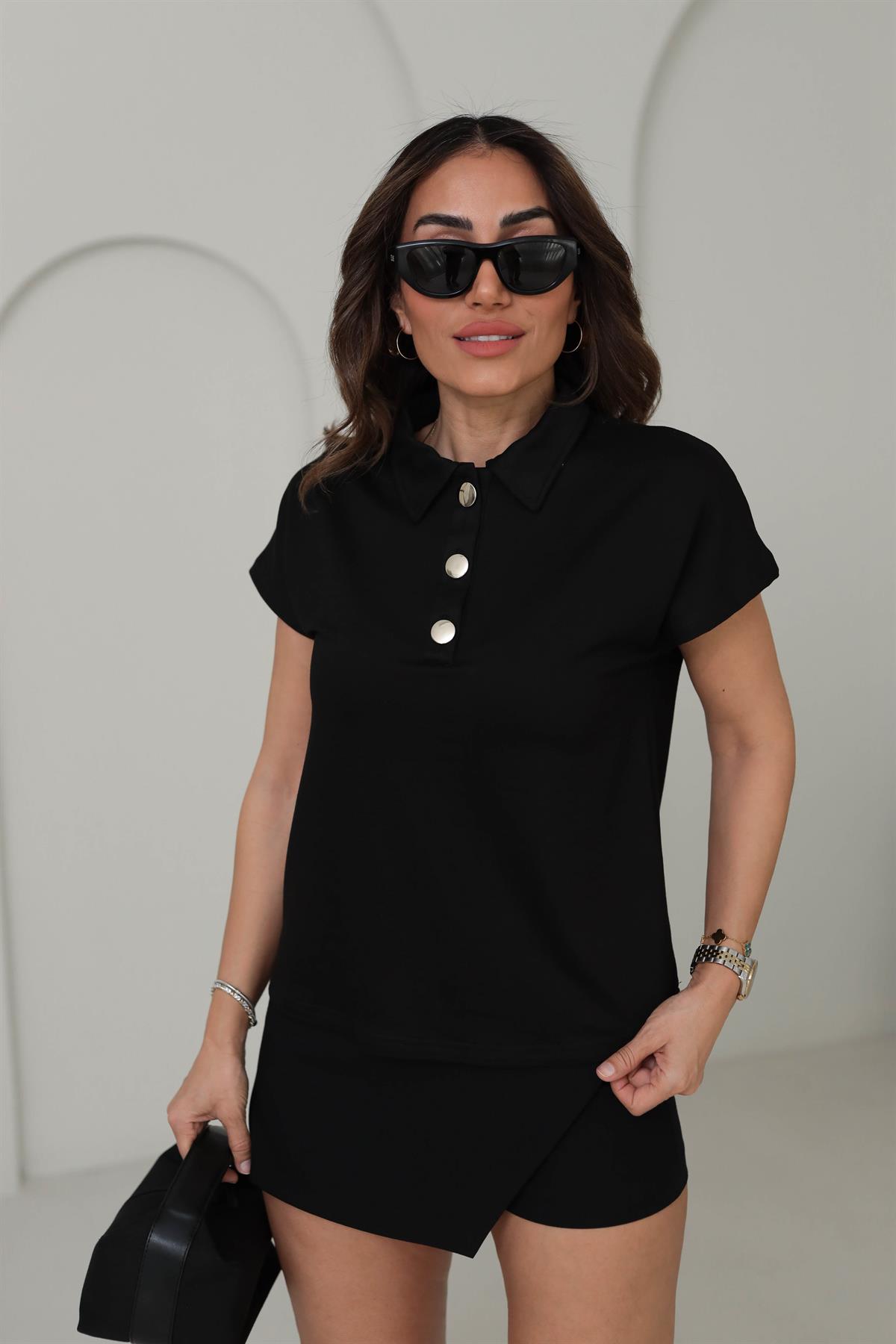 Polo Yaka Gold Düğmeli Düşük Kol Bluz SİYAH