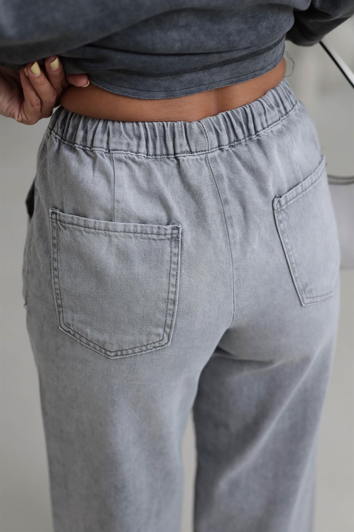 D800 Beli Lastikli Geniş Paça Jean Pantolon GRİ