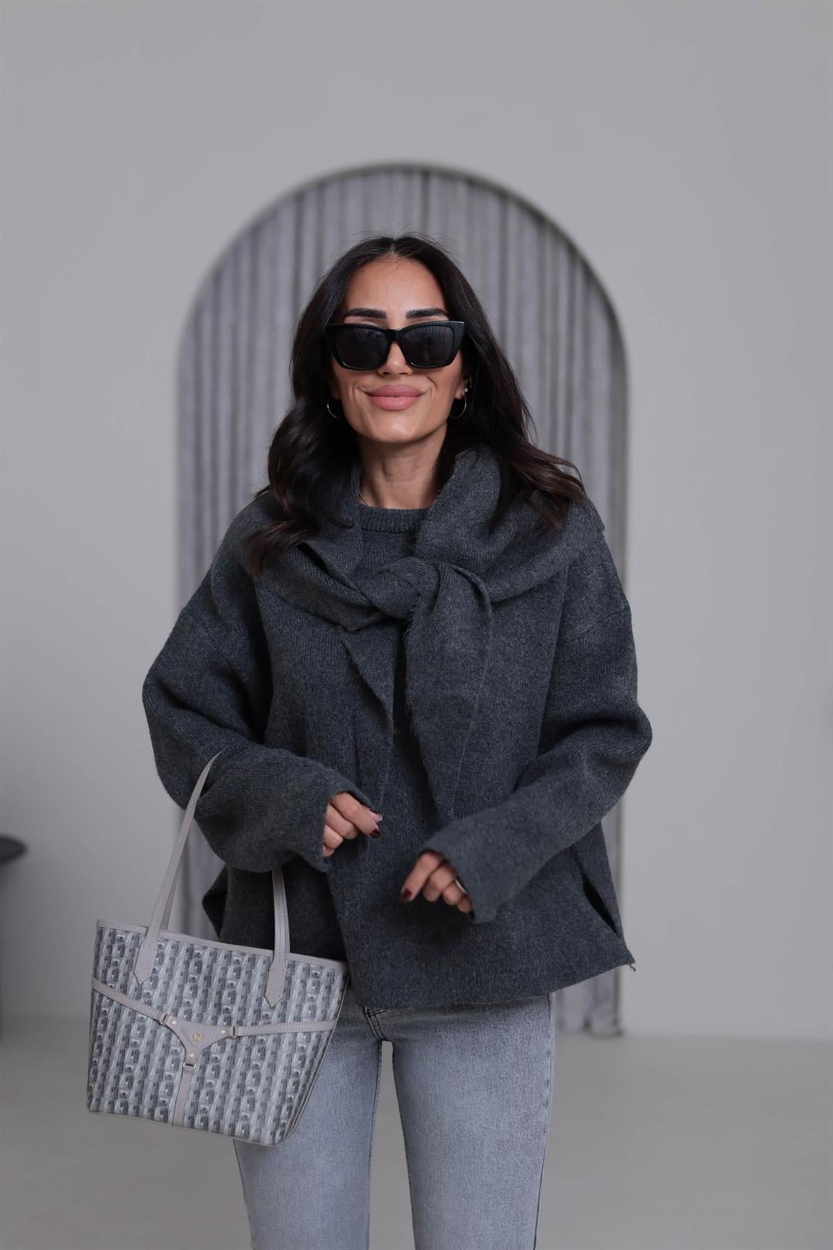 2567 Bisiklet Yaka Şal Detaylı Triko Kazak ANTRASİT