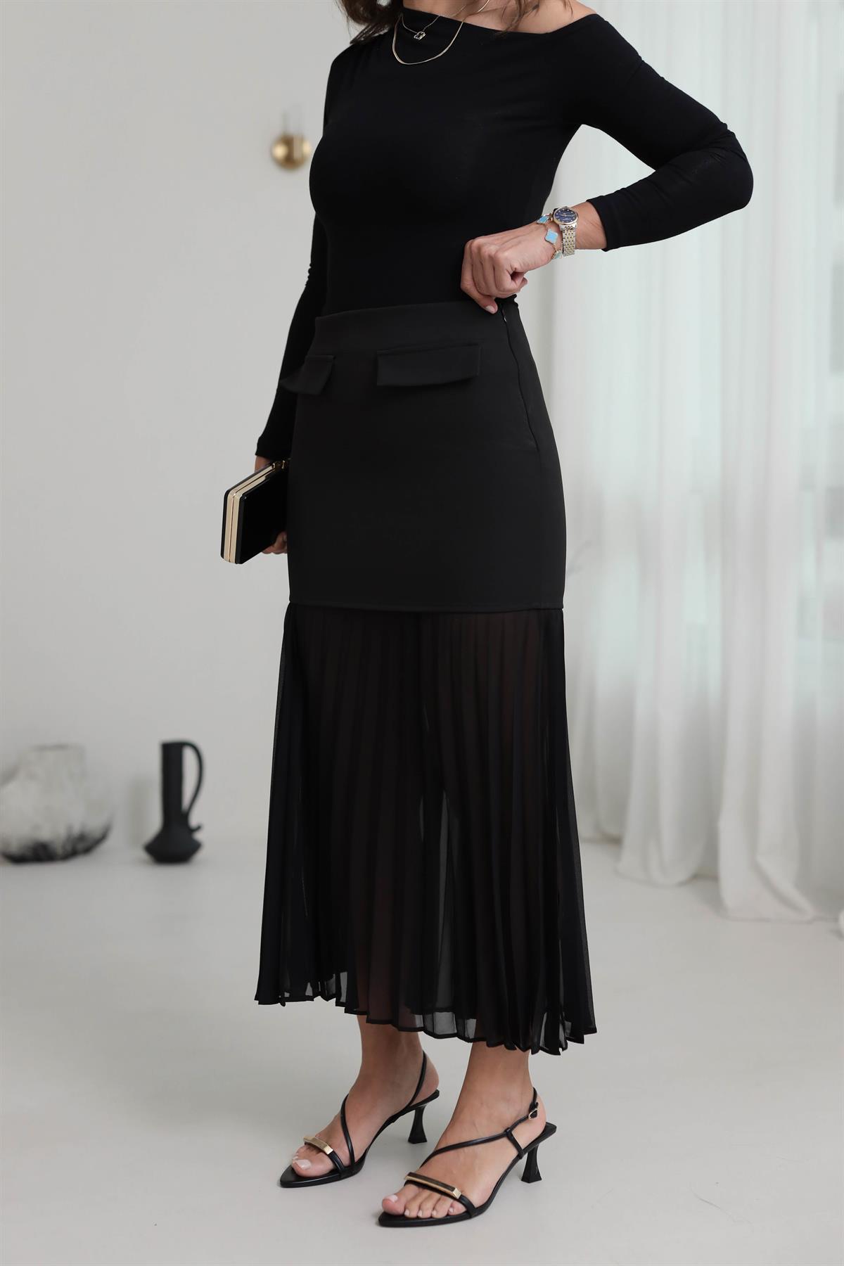 7034 Altı Şifon piliseli Etek SİYAH