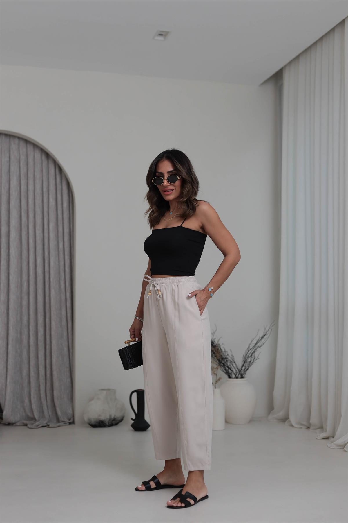 6703 Bel Lastikli Tencel Dokulu Boncuklu Pantolon BEJ