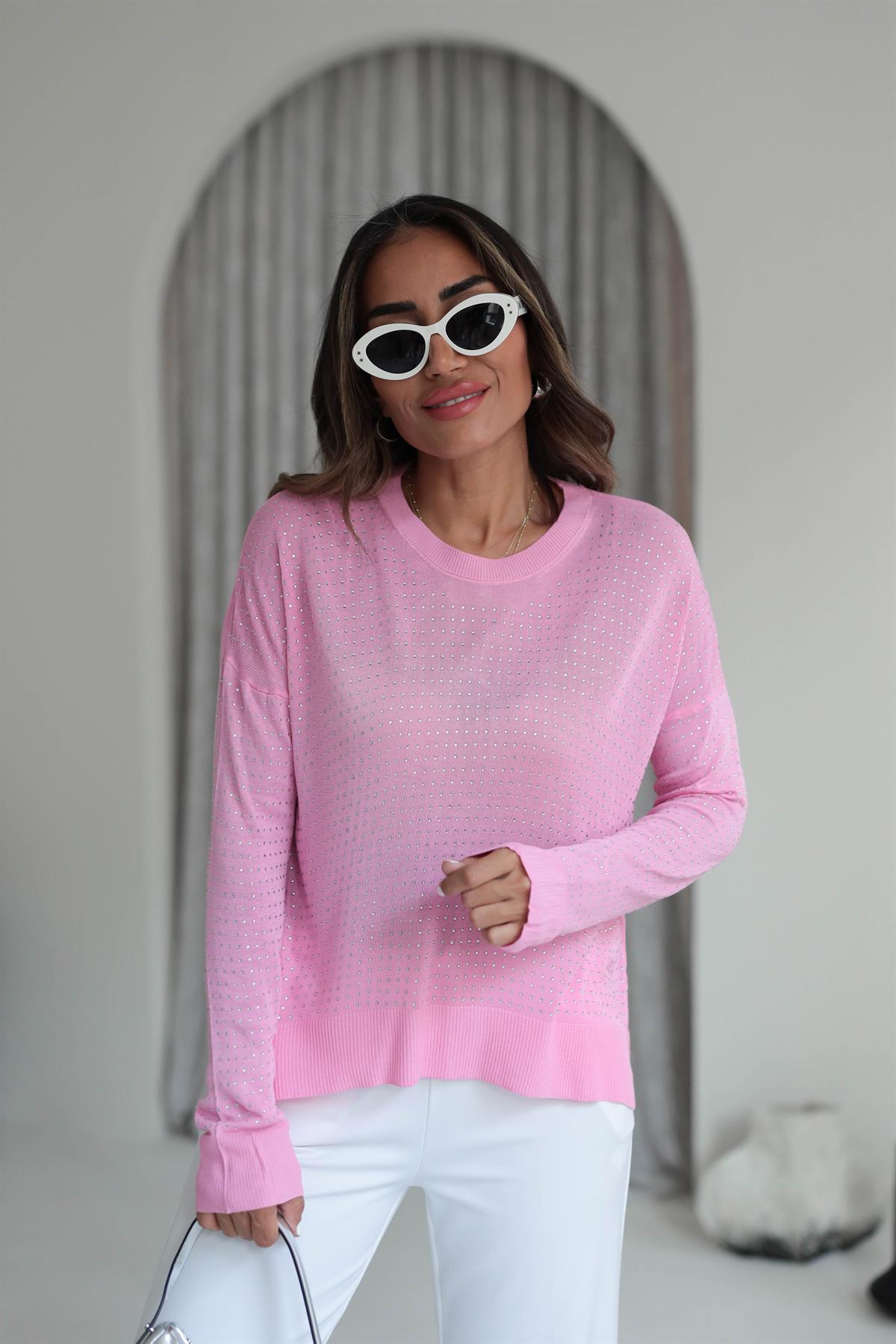 7010 Taşlı Merserize Triko Bluz PEMBE